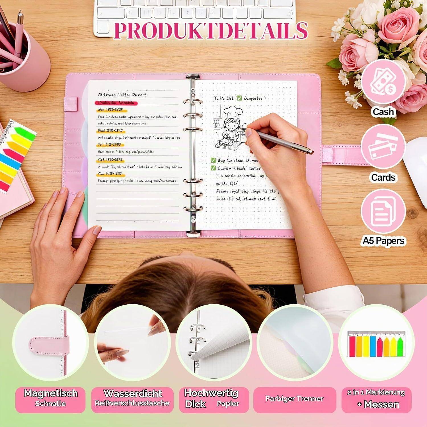 Draufsicht einer Person, die in einem rosa spiralgebundenem Planer mit der Aufschrift „PRODUCT DETAILS