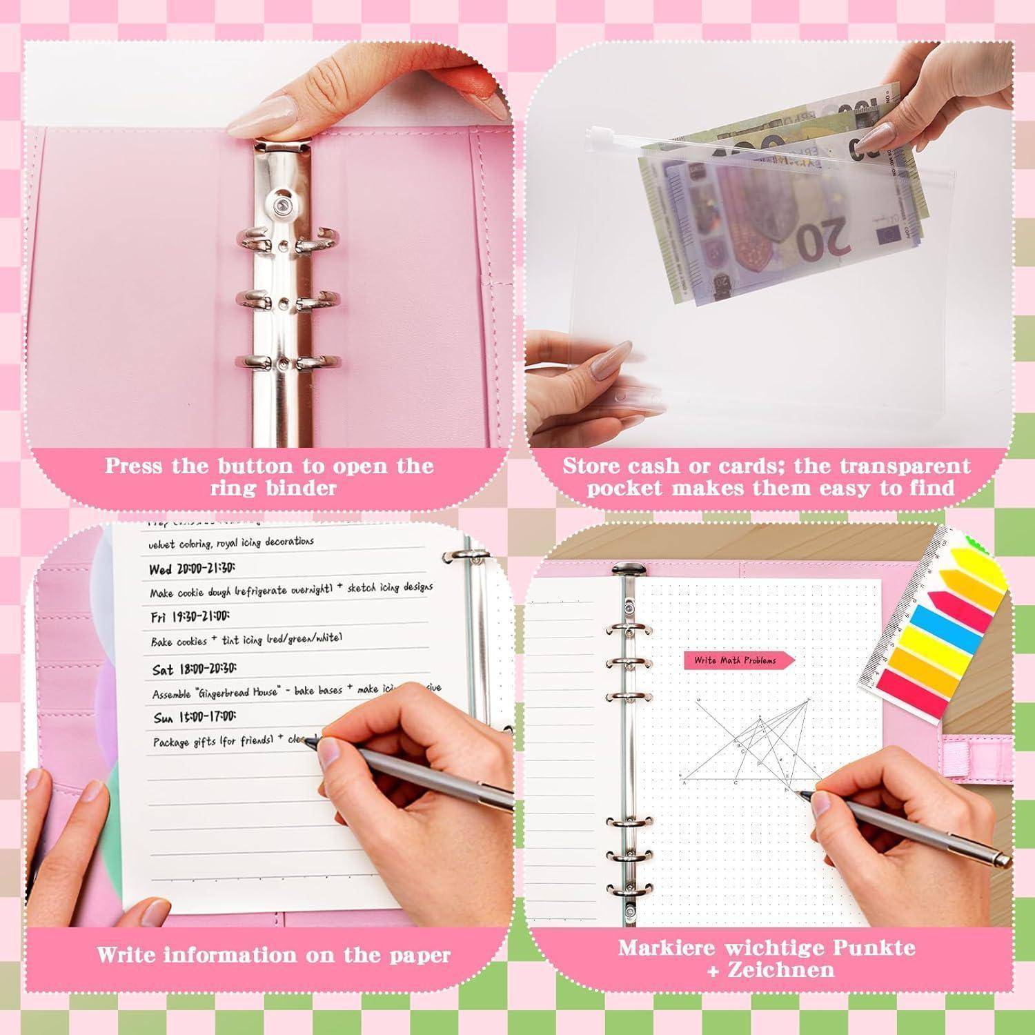 Collage eines rosa Ringbinder-Notizbuches mit seinen Funktionen: Druckknopf zum Öffnen der Ringe, klare Tasche für Bargeld/Karten und Seiten zum Notieren und Zeichnen.