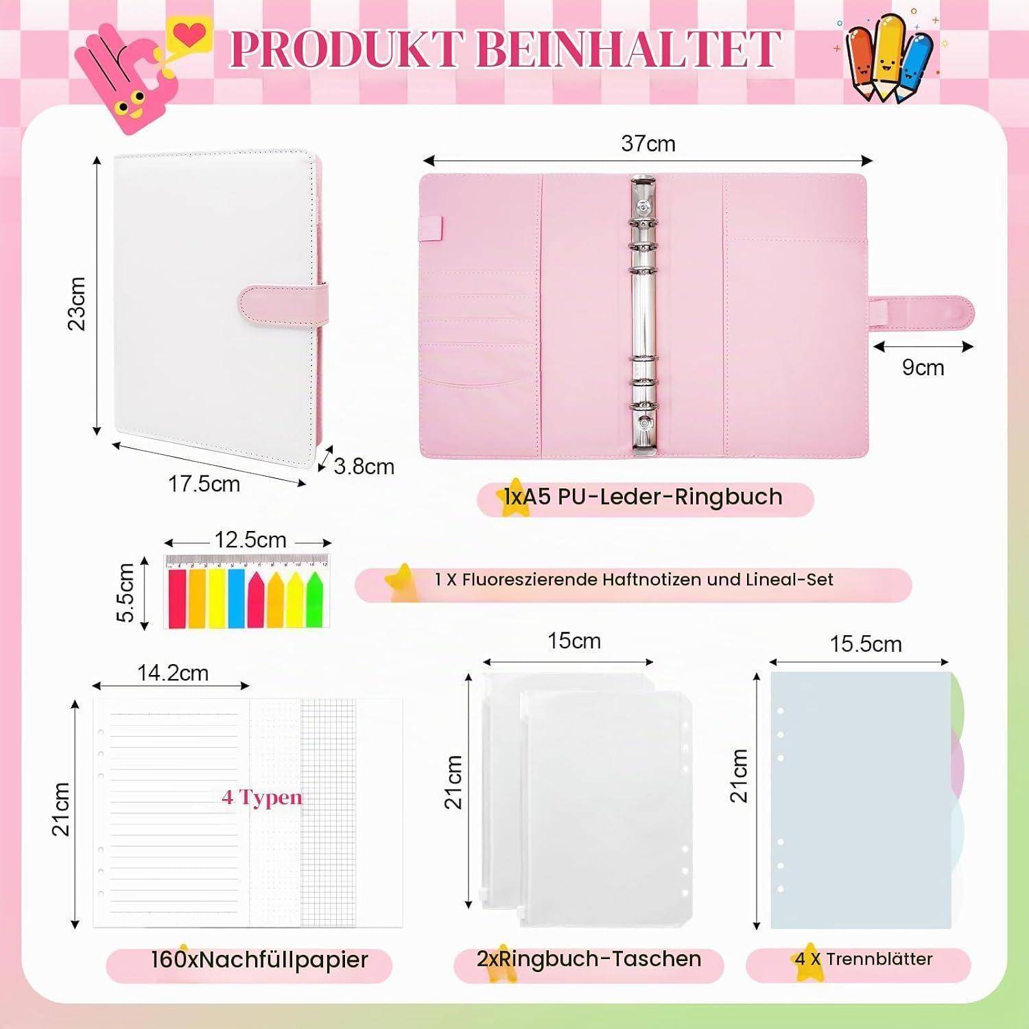 Produktinhalt Infografik mit einem rosa PU-Lederzertifikat, 1 fluoreszierenden Holzbleistift und Linealset, 160 Blatt Nachfüllpapier, 2 Ringbinder-Taschen und 4 Registerreiter mit beschrifteten Größen.