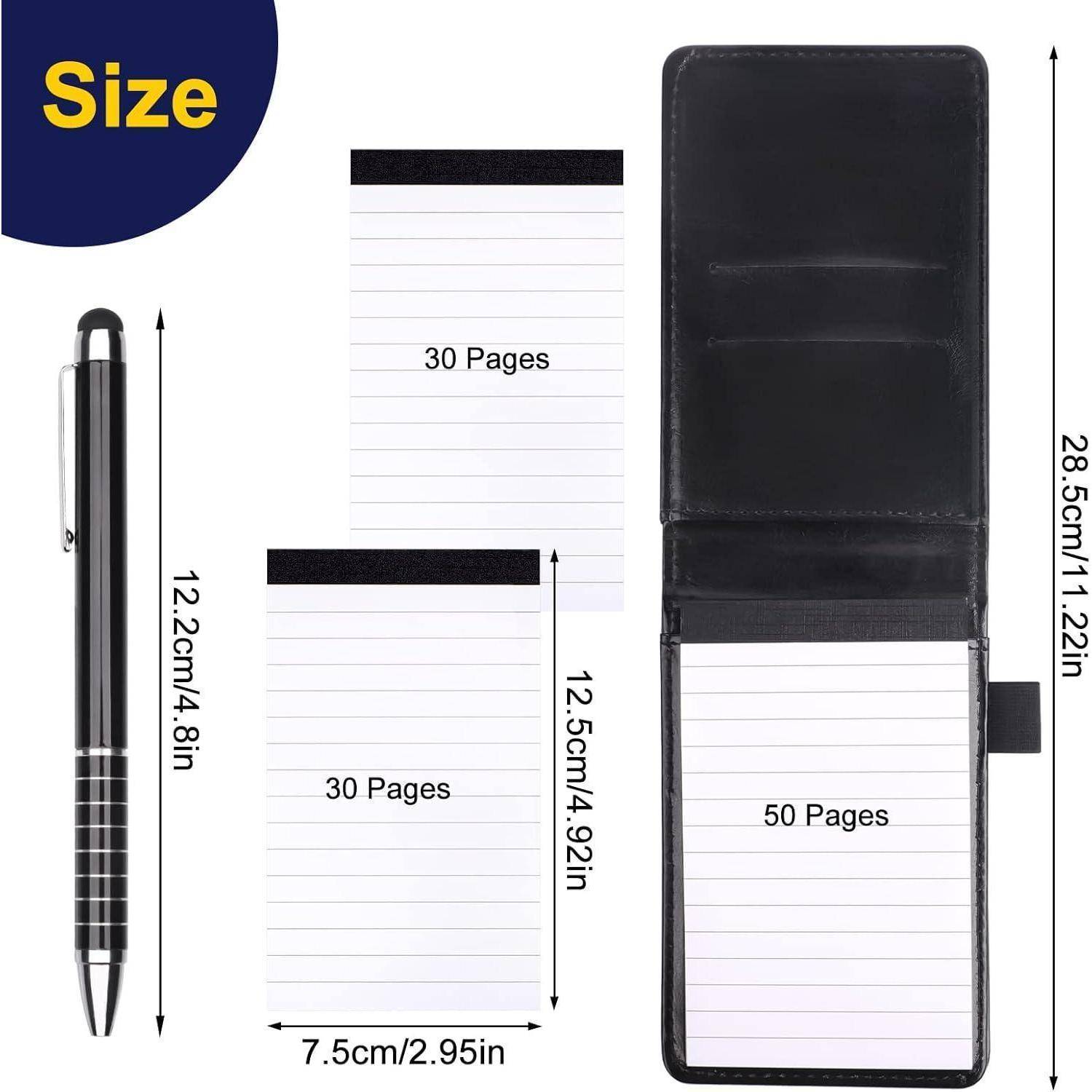 Größenvergleichsgrafik mit einem Stift, einem 30-seitigen Notizblock, einem 50-seitigen Block in einem schwarzen Halter und beschrifteten Abmessungen in cm und Zoll.