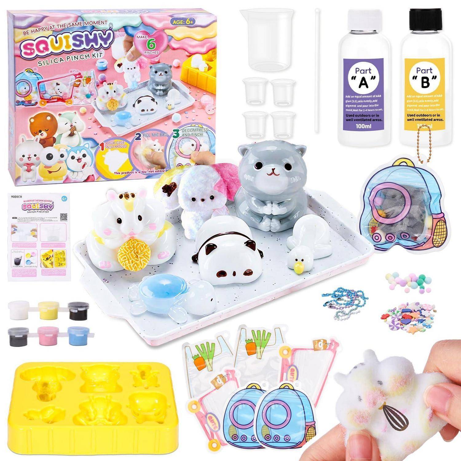 DIY-Set zum Herstellen von Squishies mit tierförmigen Formen, Silikon-Mischung in Flaschen Teil A und B, Werkzeugen, Beispielen und einem rucksackförmigen Schlüsselanhänger-Zubehör.