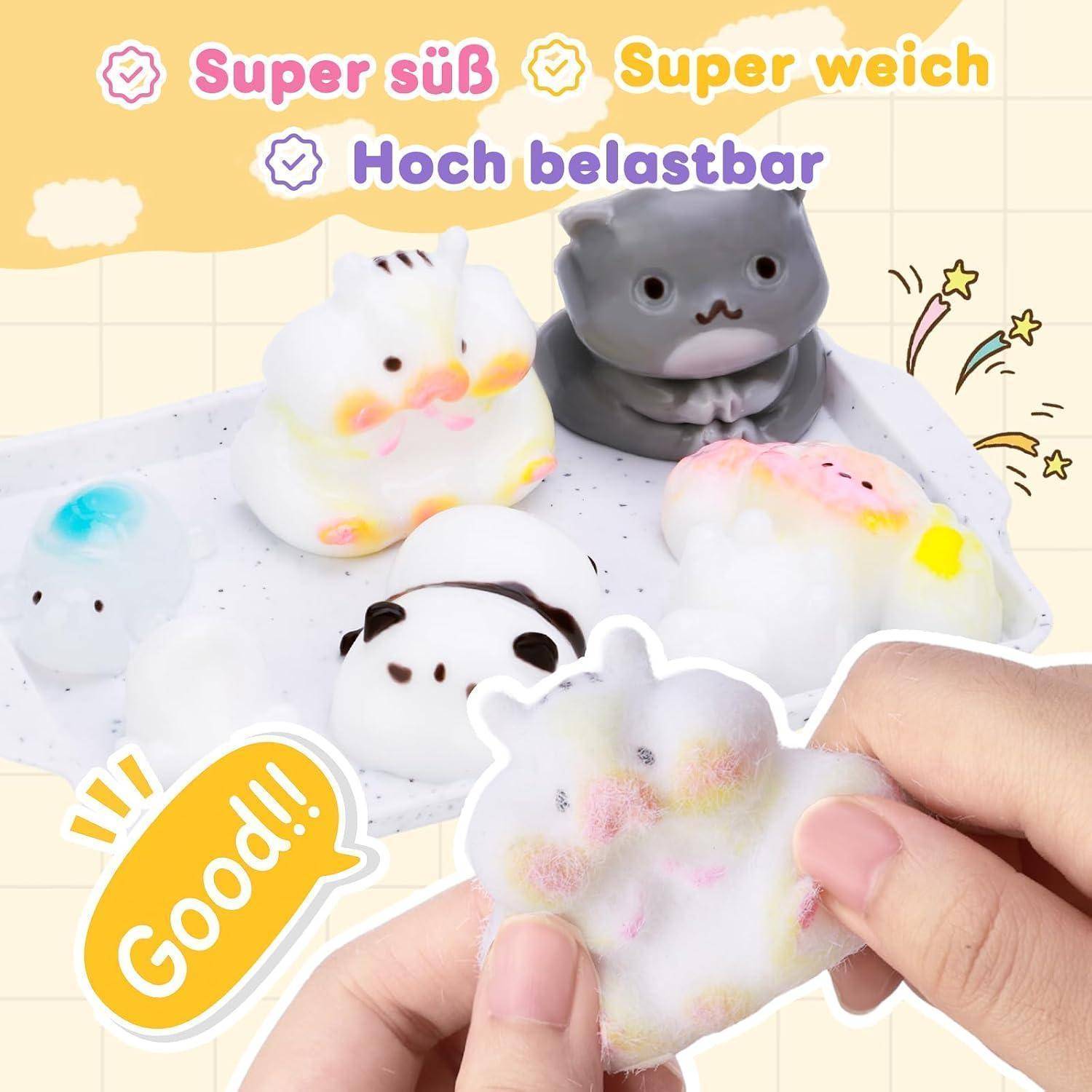 Hände drücken einen weichen weißen sternförmigen Squishy zwischen süßen Tier-Squishies auf einem Tablett, mit deutschem Text, das es als super weich und langlebig bewirbt.