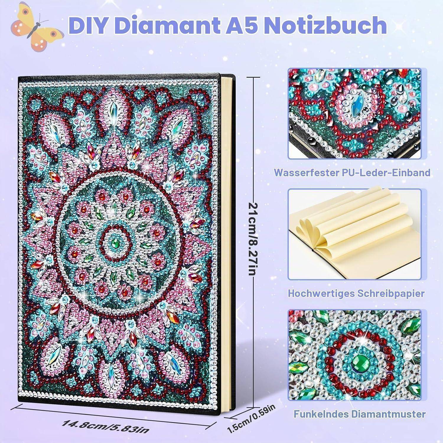 DIY Diamant-A5-Notizbuch mit funkelndem Edelsteinmuster auf dem Umschlag; zeigt die Größe 21 cm x 14,8 cm, wasserfestes PU-Leder und hochwertiges Schreibpapier.