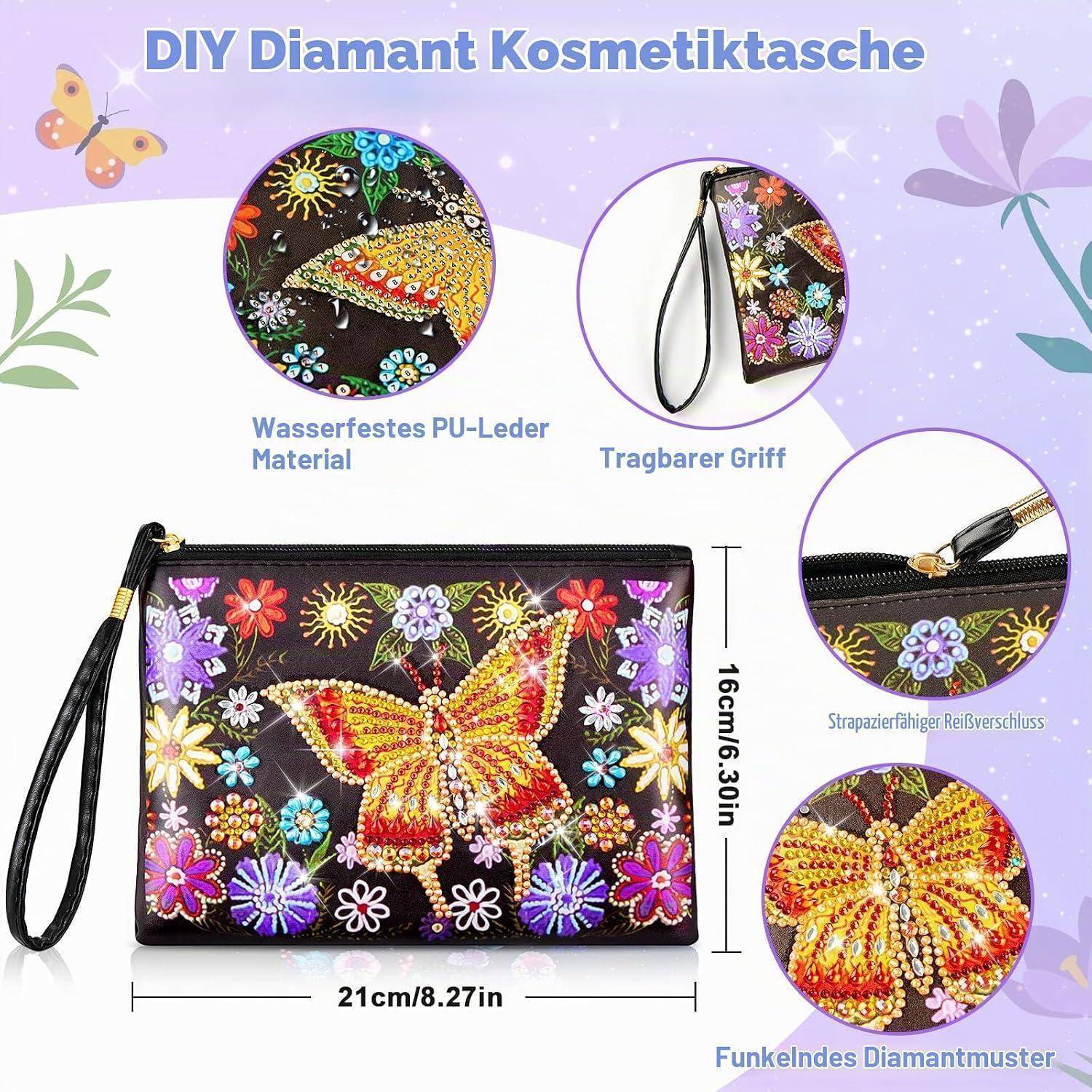 Illustration einer DIY-Diamant-Kosmetiktasche mit Schmetterlingsdesign, die wasserdichtes PU-Leder, Tragegriff, Reißverschluss und Größe 21 cm x 16 cm zeigt.