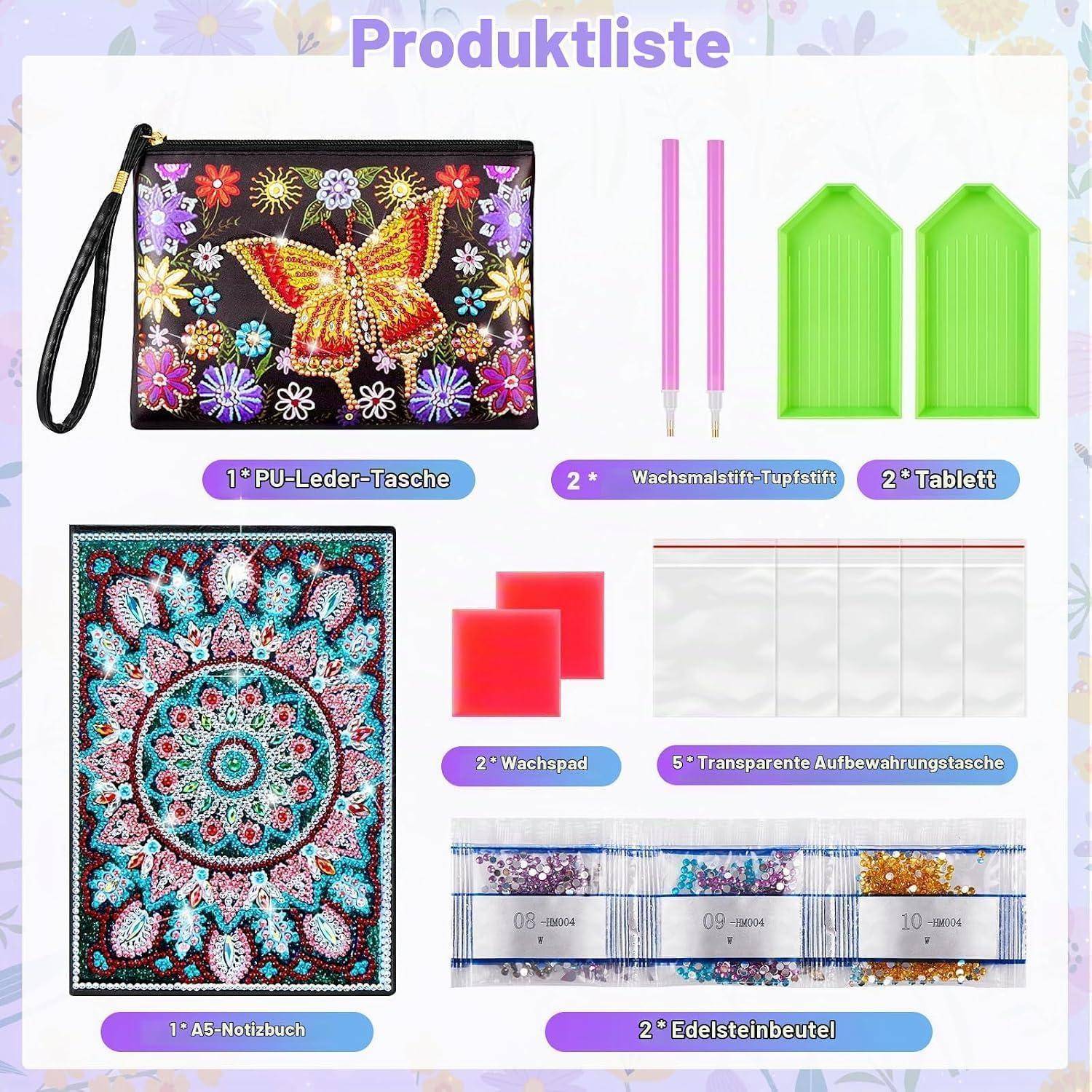 Deutsche Produktliste mit enthaltenen Diamond-Painting-Artikeln: PU-Ledertasche, 2 Wachsstifte, 2 Tablets, A5-Notizbuch, 5 transparente Aufbewahrungstaschen und 2 Edelsteintaschen.
