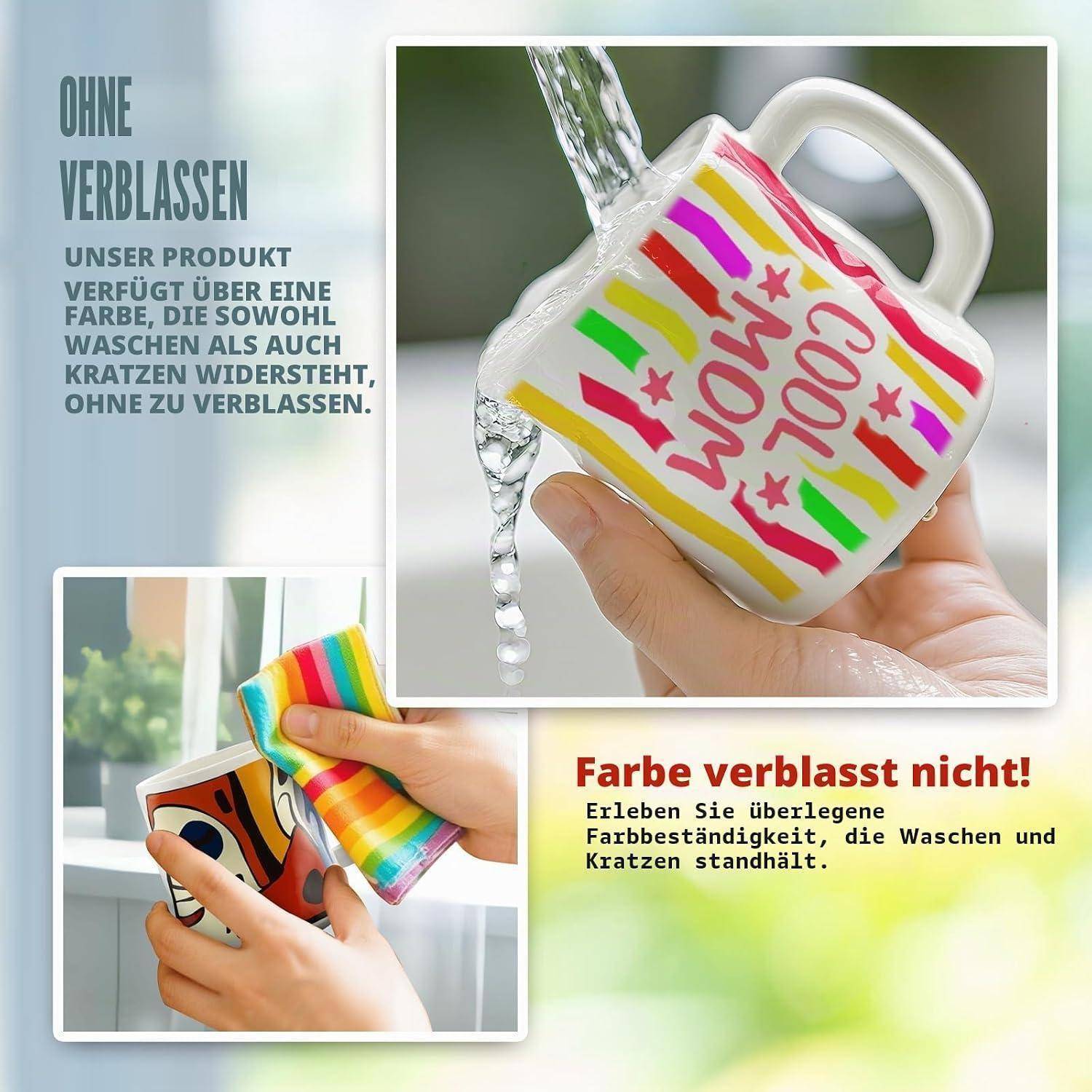 Promotionsgrafik mit einer Hand, die eine bunte Tasse wäscht; deutscher Text besagt, dass die Farbe nicht verblasst und resistent gegen Waschen und Kratzer ist.
