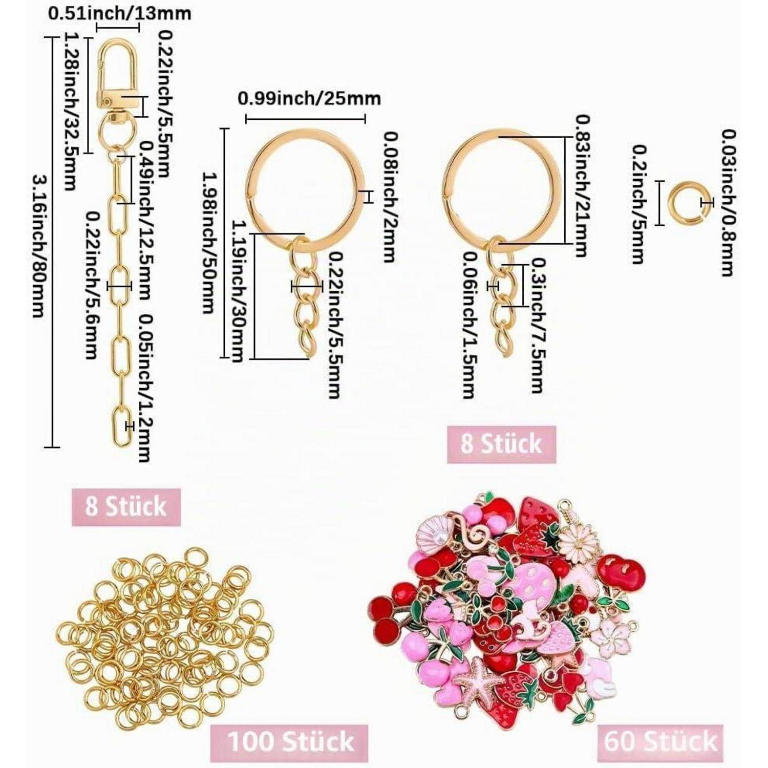 Sortierte Goldbügel für Schlüsselanhänger und Anhänger mit Größenangaben, zeigend Haken, Ringe, Ketten und Mengenbezeichnungen: 8, 60 und 100 Stück.