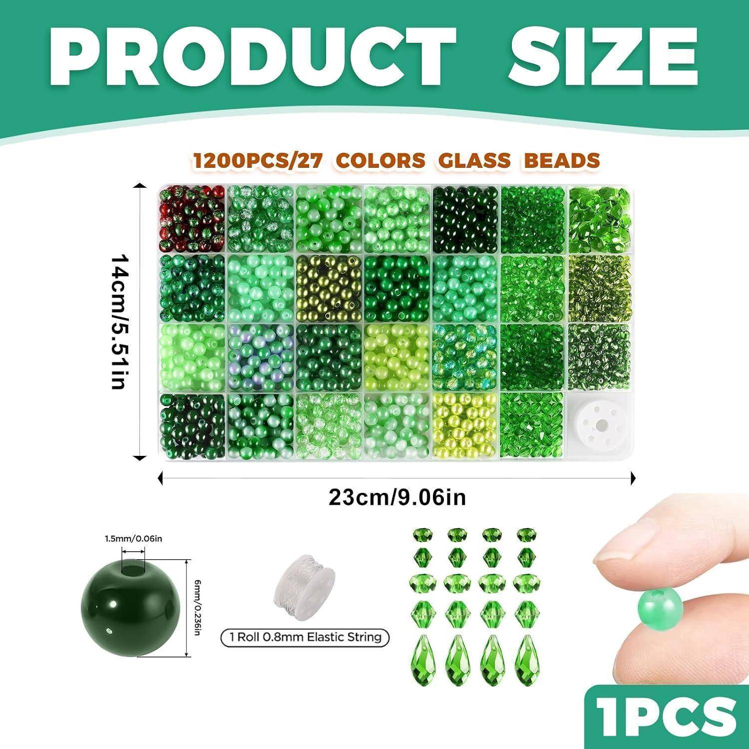 Größentabelle für 1200er Set/27 Farben Glasperlen; Hauptbehälter misst 23 cm × 14 cm, mit Perlentypen, elastischer Schnur und 1 Perle als Größenvergleich.
