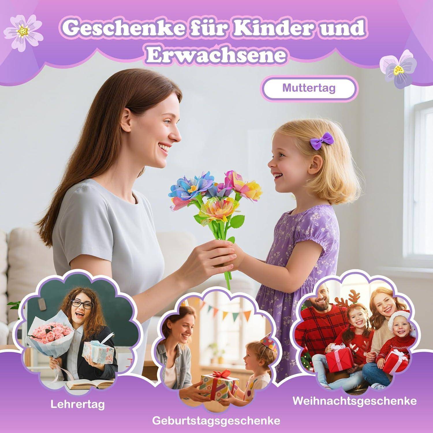 Werbebild für Geschenke für Kinder und Erwachsene, das eine Mutter und Tochter zeigt, die Blumen austauschen, mit Beschriftungen für Muttertag, Lehrertag, Geburtstagsgeschenke und Weihnachtsgeschenke.