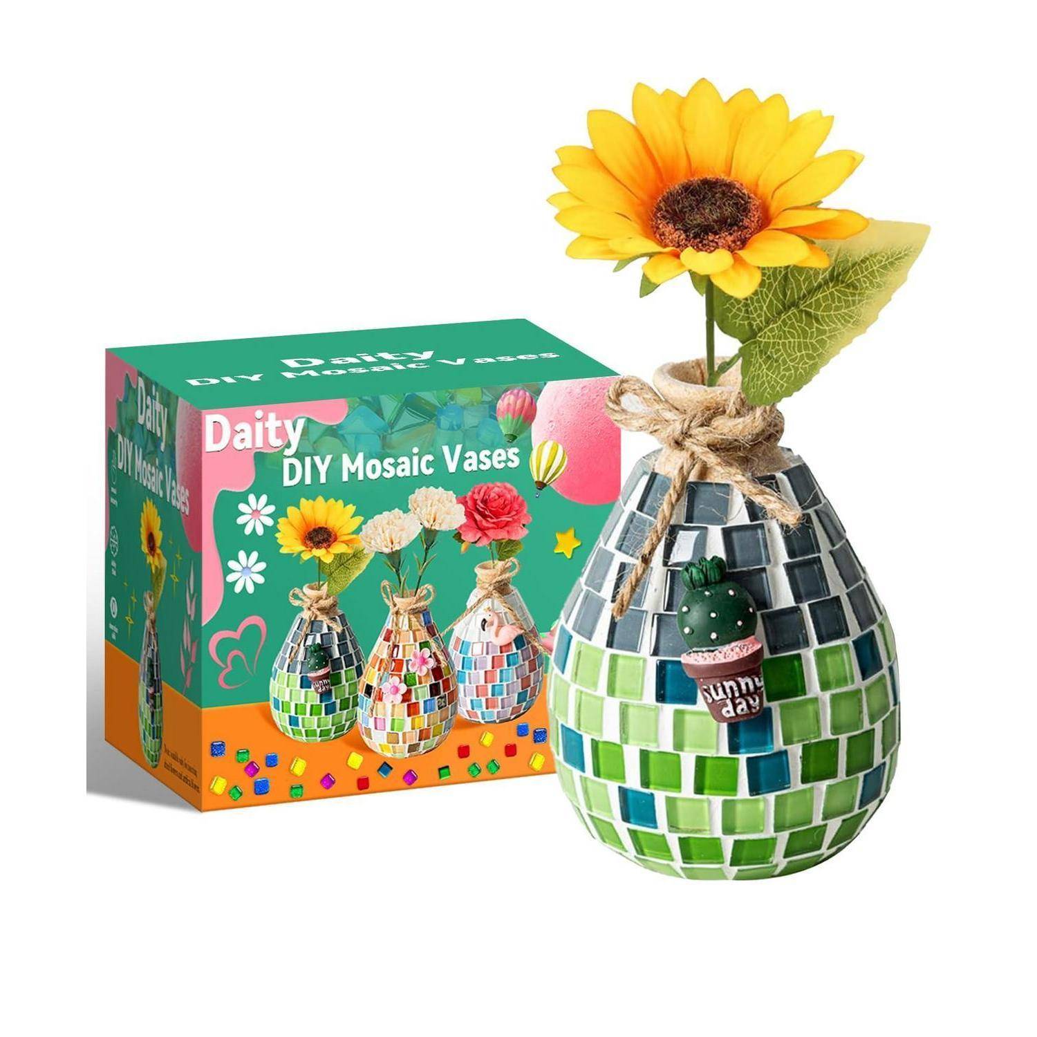 DIY-Mosaik-Vasen-Bastelset-Box neben einer fertigen grün-schwarzen Mosaik-Vase mit einer gelben Sonnenblume.