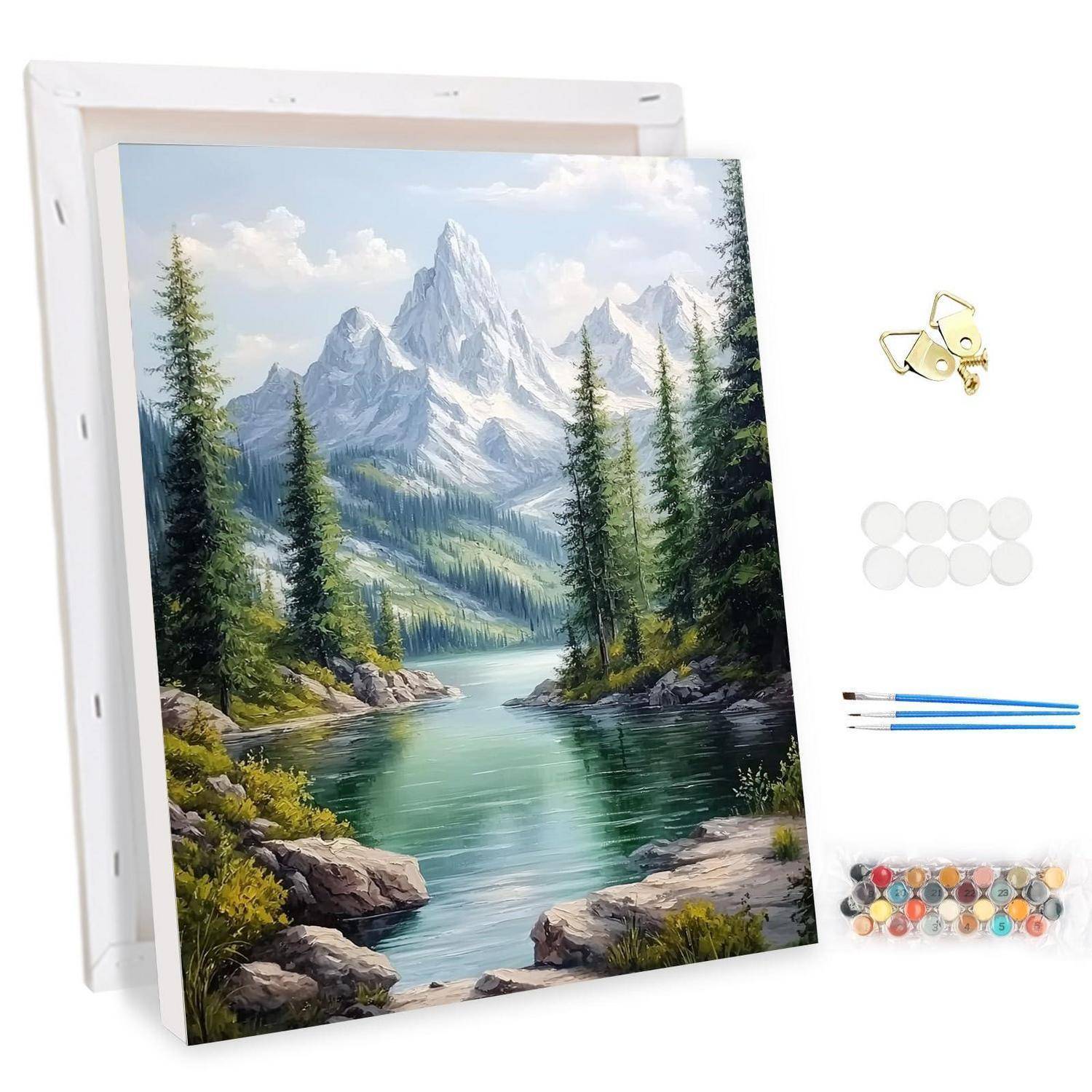 DIY-Malen-nach-Zahlen-Set mit einer Bergsee-Landschaftsleinwand, einschließlich Pinsel, Farbtöpfe, Haken und Klebepunkte.