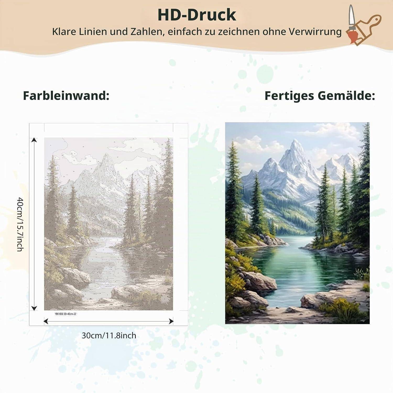 Werbegrafikzeigen einen HD-Druck auf Leinwand: eine schwache Umrisszeichnung einer Bergflussszene auf der linken Seite und das fertige farbenfrohe Gemälde auf der rechten Seite, mit einer Beschriftung von 30 cm mal 40 cm.