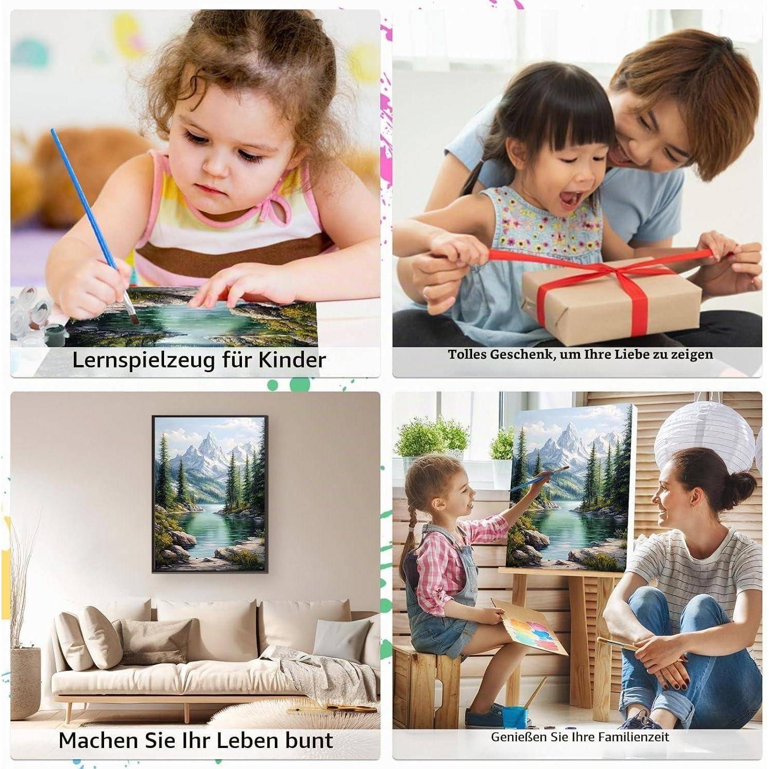 Vierfeld-Collage: Kinder verwenden Lernspielzeug und öffnen ein Geschenk, plus ein Wohnzimmer und eine Kunstszene, die ein farbenfrohes Familienleben fördern.