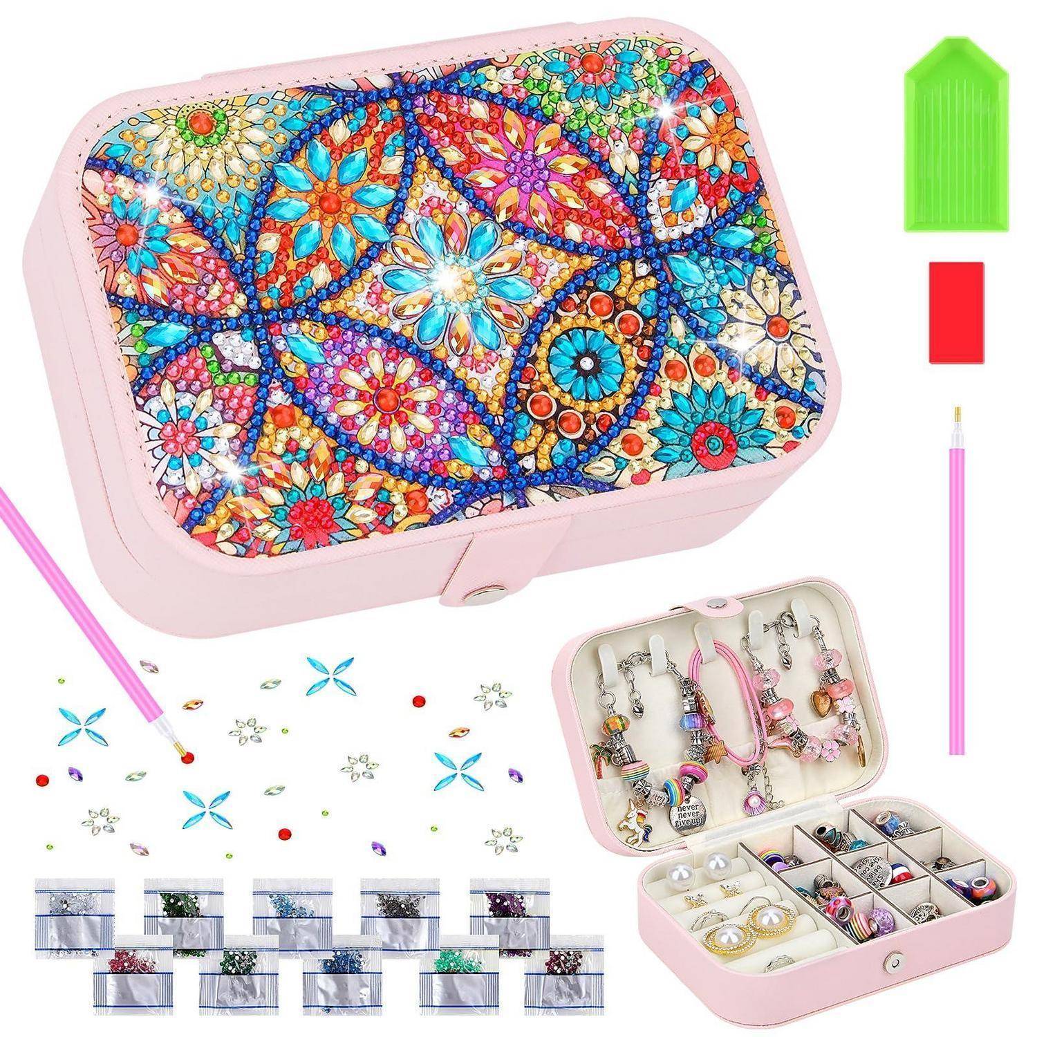 Organizer-Box für Rosa-Diamant-Malerei, geöffnet und geschlossen dargestellt, mit Fächern für Perlen, Schmuck und Werkzeuge zur Handwerkslagerung.