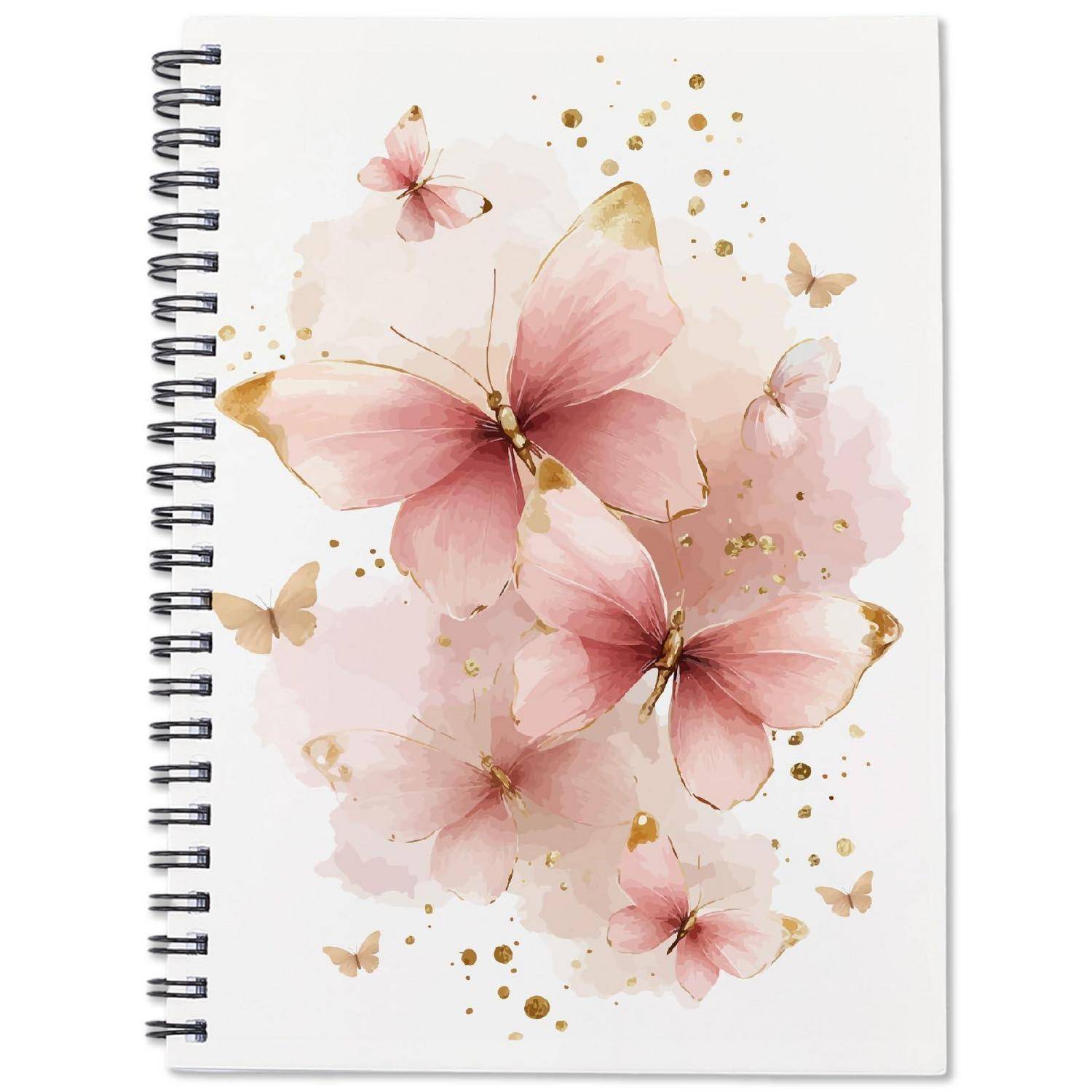 Ein spiralgebundenes Notizbuch mit weißem Umschlag, das rosa Aquarell-Schmetterlinge, Blumen und goldene Spritzer-Akzente zeigt.