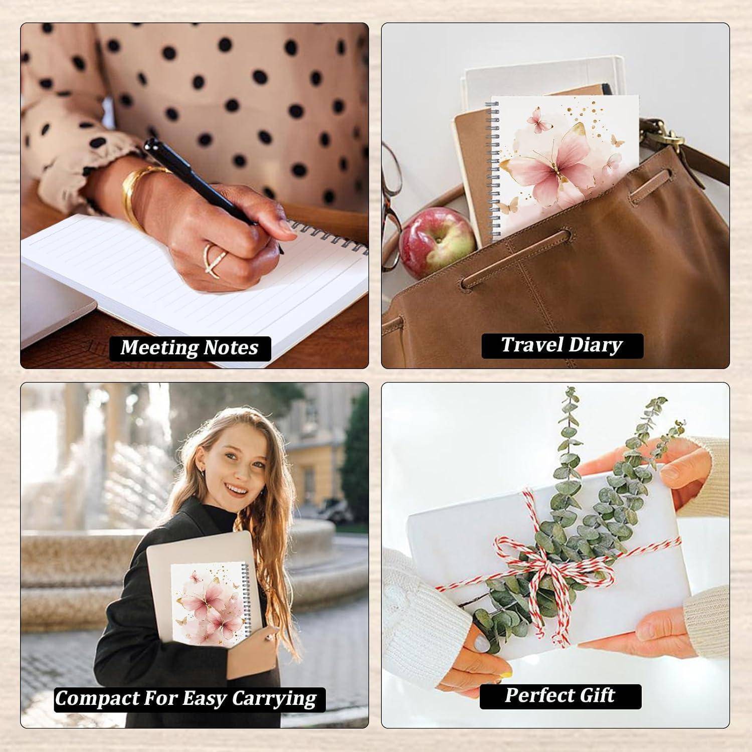 Vierteiliges Kollage-Set, das ein florales Notizbuch für Besprechungsnotizen, Reisetagebuch, einfaches Transportieren und als Geschenkidee zeigt.