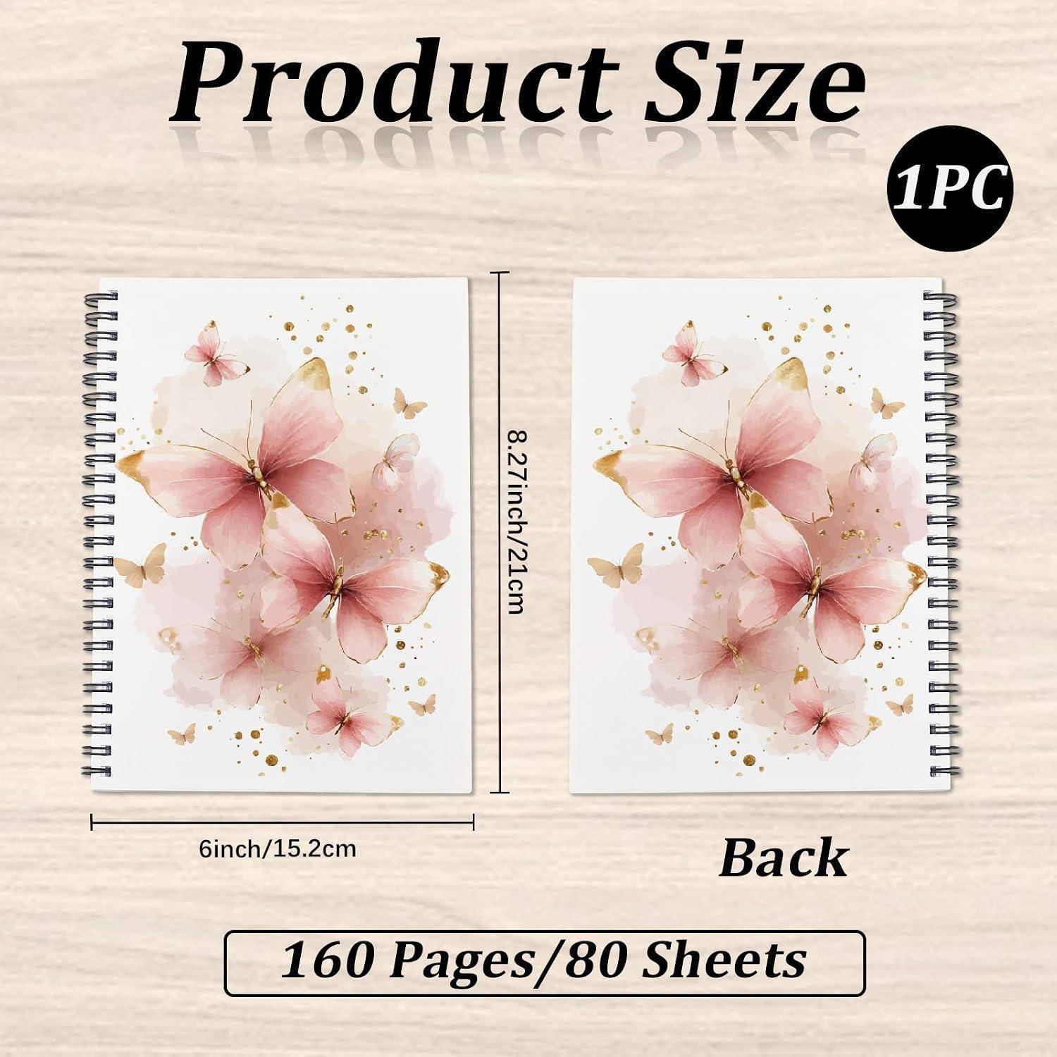 Größentabelle für ein Spiralnotizbuch mit Blumenmuster auf dem Umschlag, das Abmessungen von 6 Zoll x 8,27 Zoll zeigt, „160 Seiten/80 Blatt