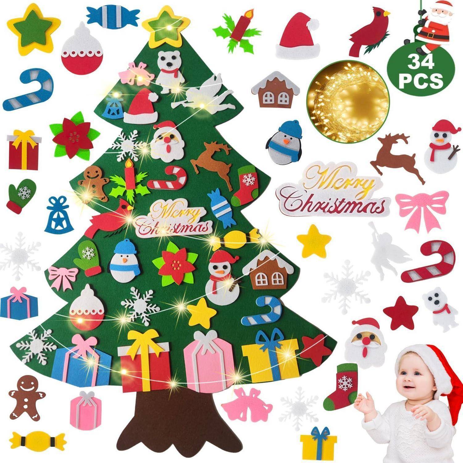 Weihnachtsbaum-Aufkleberset mit 34 Teilen, einschließlich Baum, Schmuck, Zuckerstangen, Geschenke, Schneemänner, Rentiere, Sterne und „Frohe Weihnachten