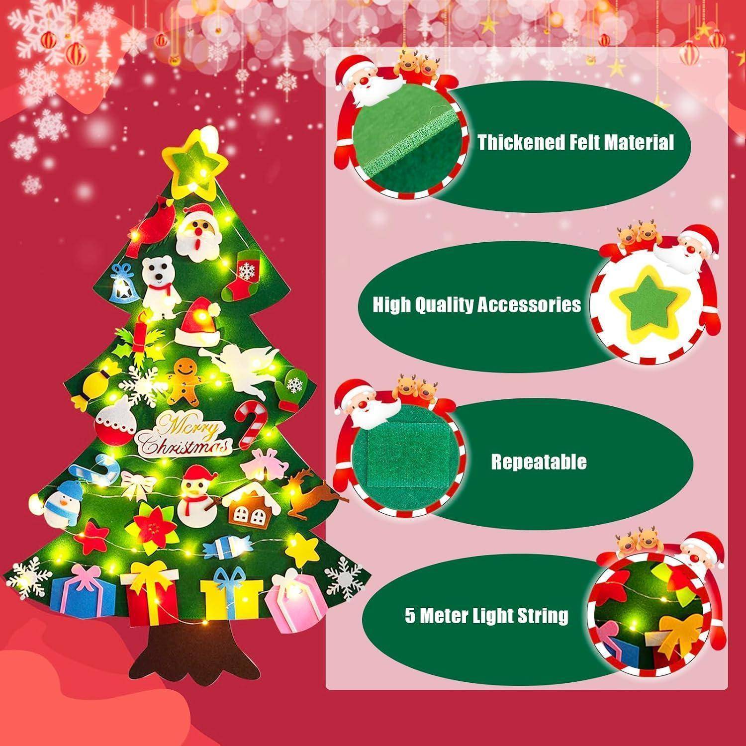 Festliche Weihnachtsbaumdekoration mit Lichtern und Geschenken, plus Funktionsaufrufe: verdicktes Filzmaterial, hochwertige Zubehörteile, wiederverwendbar und 5-Meter-Lichterkette.
