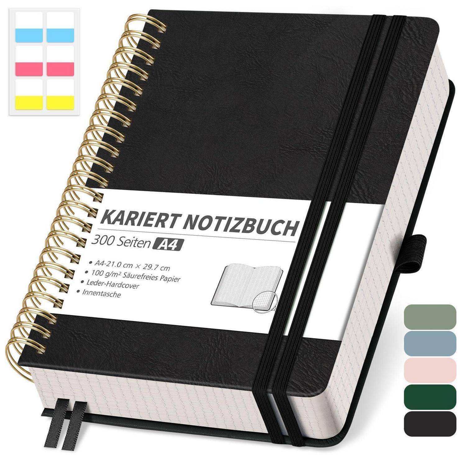 Schwarzes spiralgebundenes A4-Notizbuch mit Gummiband, beschriftet mit „KARIERT NOTIZBUCH