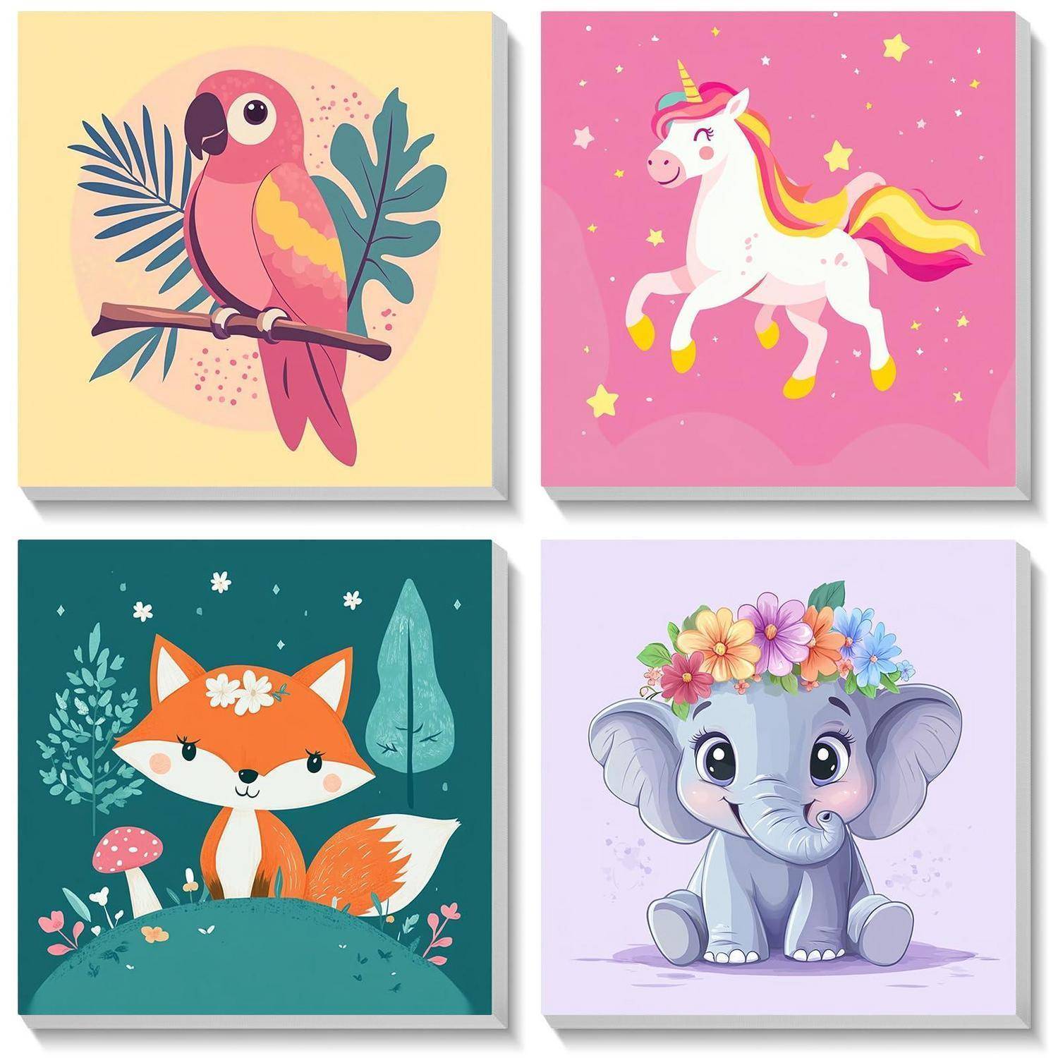 Vier süße Cartoon-Tiereilllustrationen in einem 2x2-Gitter: ein rosa Papagei, ein fliegendes Einhorn, ein Fuchs und ein Elefant mit Blumen auf seinem Kopf.
