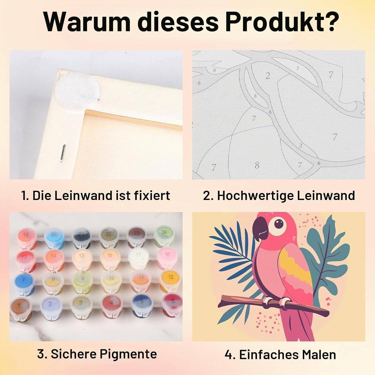 Bowetile 4 Stück Tiere Malen Nach Zahlen Kinder mit Rahmen, Malen Nach Zahlen Kinder mit Rahmen ab 4-8-12+, DIY Gemäide Bastelset auf Leinwand mit
