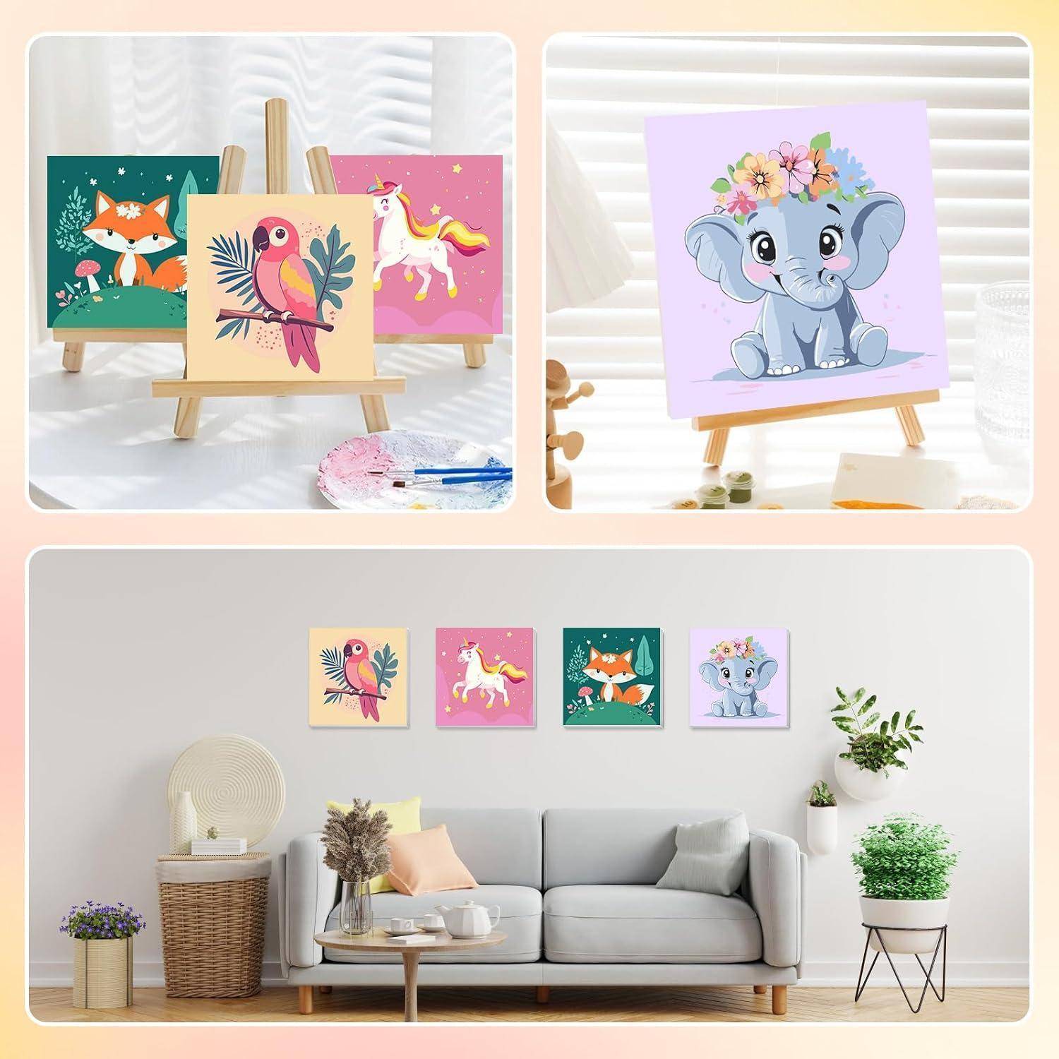 Drei kleine Gemälde von Tieren auf Staffeleien und als Wandkunst: Fuchs, Vogel, Einhorn und Elefant in einem hellen Raum, die Optionen für Kinderzimmer oder Dekoration zeigen.