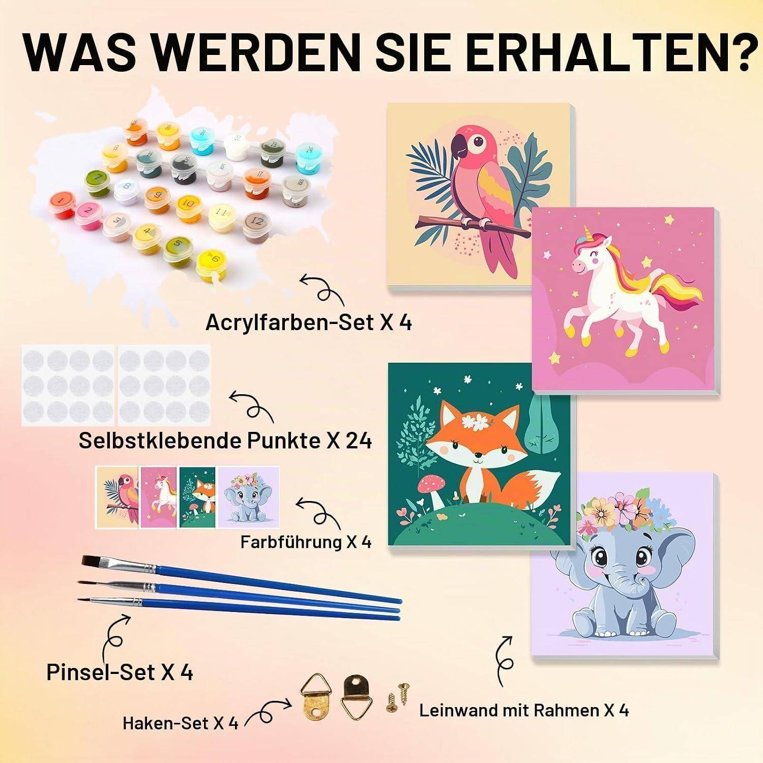 Werbegrafik mit Liste der im Malkit enthaltenen Artikel: Acrylfarbenset x4, selbstklebende Punkte x24, Farbführer x4, Pinselset x4, Hakkenset x4 und gerahmte Leinwände x4 mit Tier- und Einhorndesigns.
