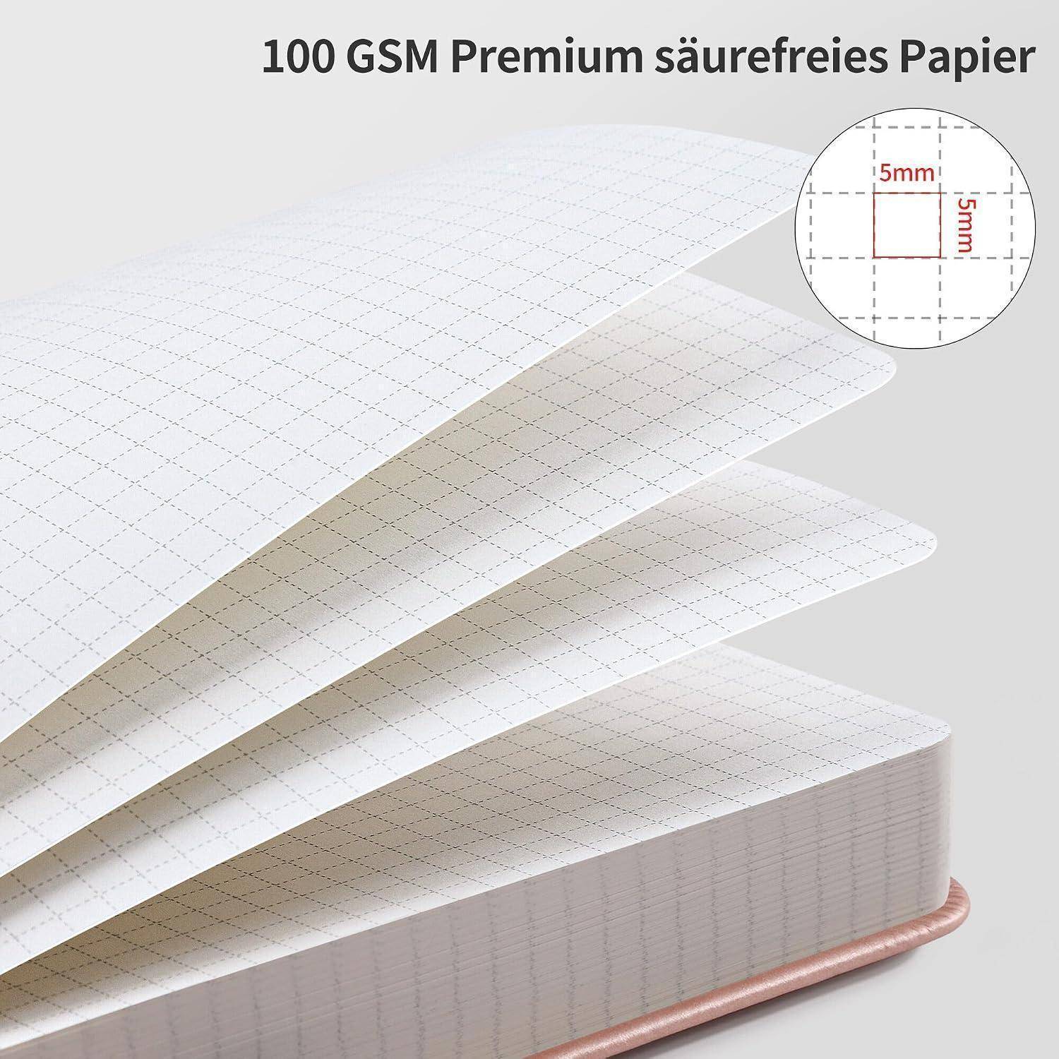 Illustration eines Notizblocks mit 5-mm-Millimeterpapier mit der Beschriftung „100 GSM Premium säurefreies Papier