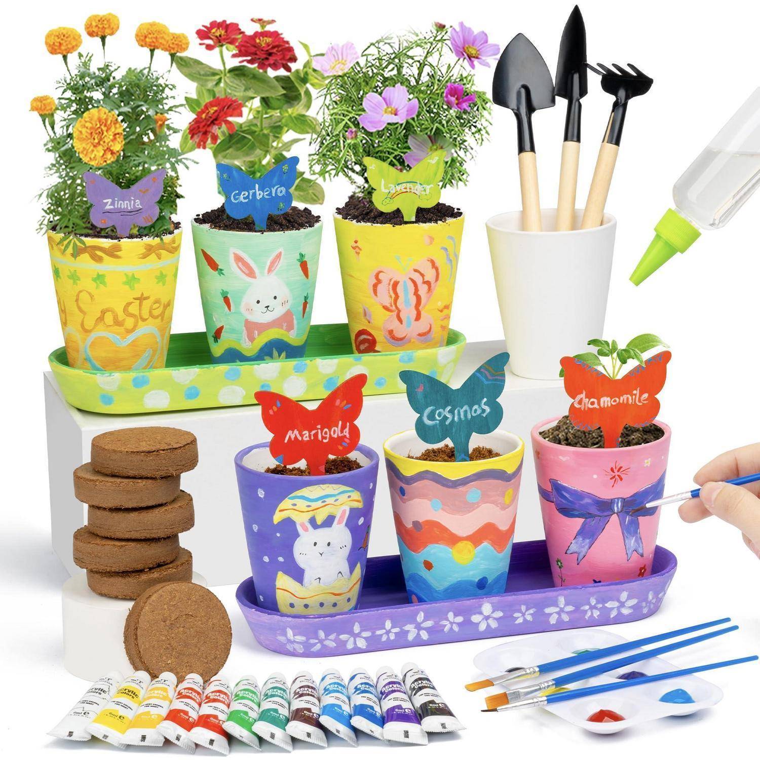Farbenfrohe, osterlich bemalte Blumentöpfe mit lebenden Blumen, arrangiert in Tabletts mit Bastelbedarf wie Farbe, Pinseln und Kleber.