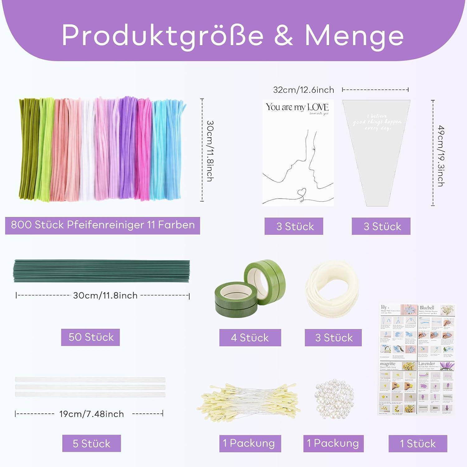 Produktgröße und Mengendiagramm mit enthaltenen Bastelmaterialien: 800 Pfeifenreiniger in 11 Farben, 3 weiße Musterbogen, 3 weiße Taschen, 50 grüne Stöcke, 4 grüne Klebebänder, 3 weiße Rollen, 5 weiße Streifen, 1 Paket gelbe Teile, 1 Paket Perlen und 1 Anleitungsblatt.