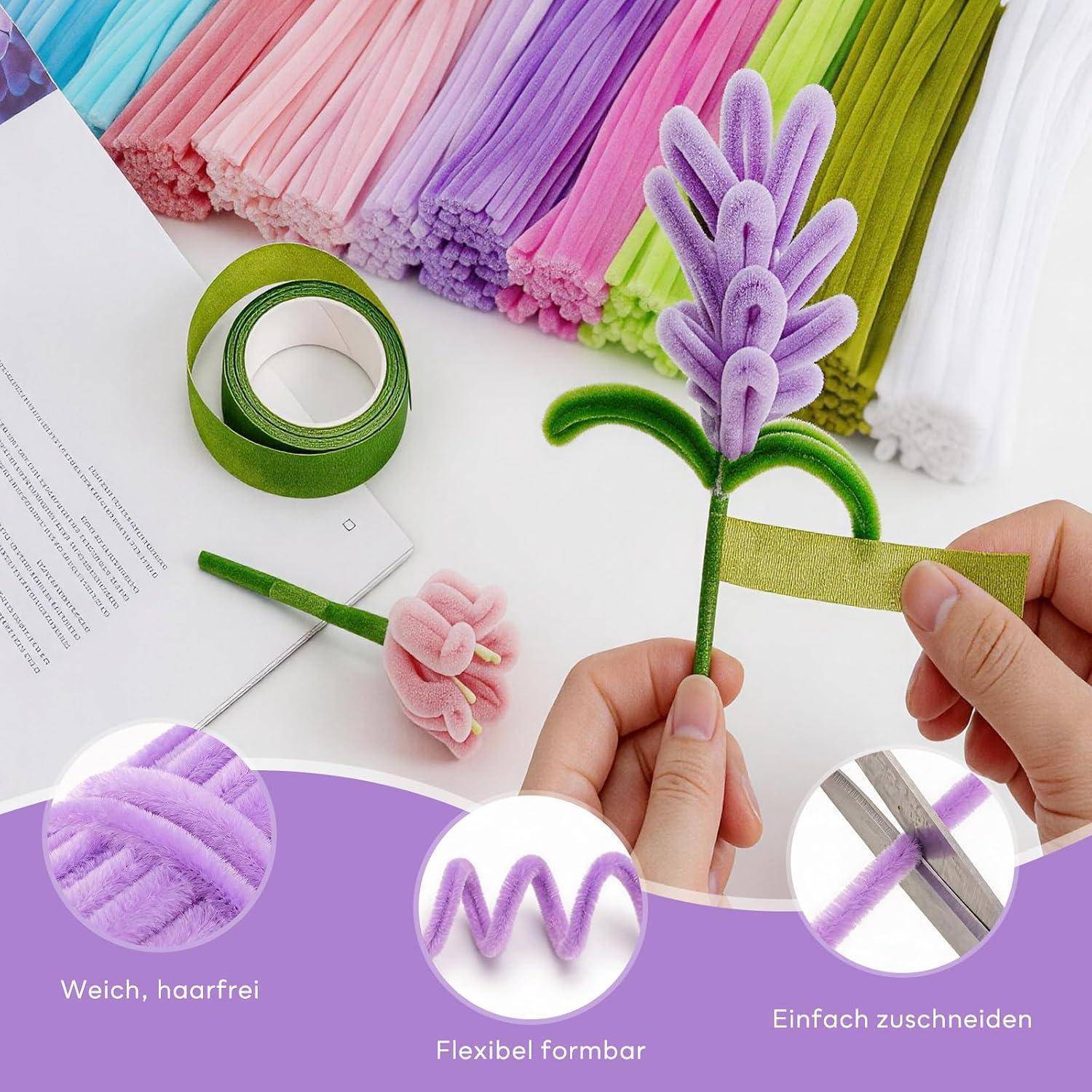 800 Stk Pfeifenreiniger Blumen Bastelset, 11 Pastellfarben DIY Deko | Pfeifenreiniger Set, Anleitung, Blumenstiele, Klebeband, Klebestifte, Bänder