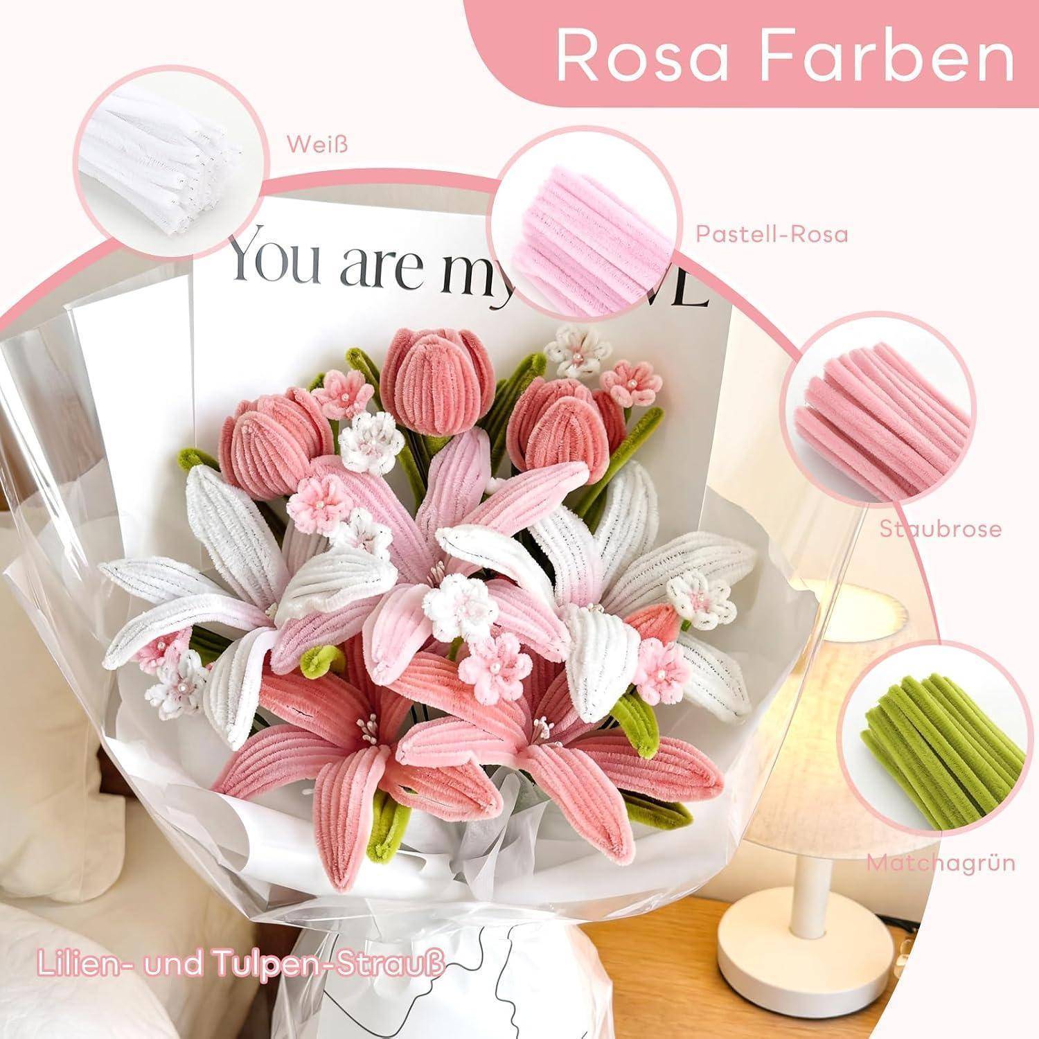 Strauß aus rosa und weißen Lilien und Tulpen mit grünen Akzenten, mit der Bezeichnung „Rosa Farben" und dazugehörigen Farbmustern.