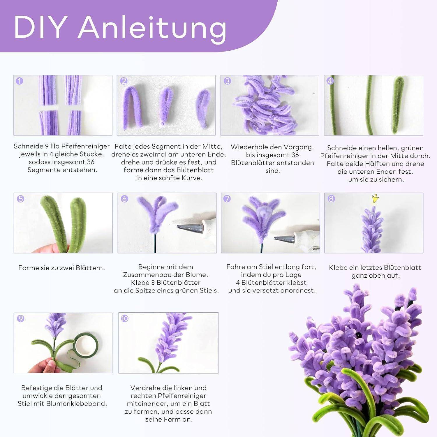 800 Stk Pfeifenreiniger Blumen Bastelset, 11 Pastellfarben DIY Deko | Pfeifenreiniger Set, Anleitung, Blumenstiele, Klebeband, Klebestifte, Bänder