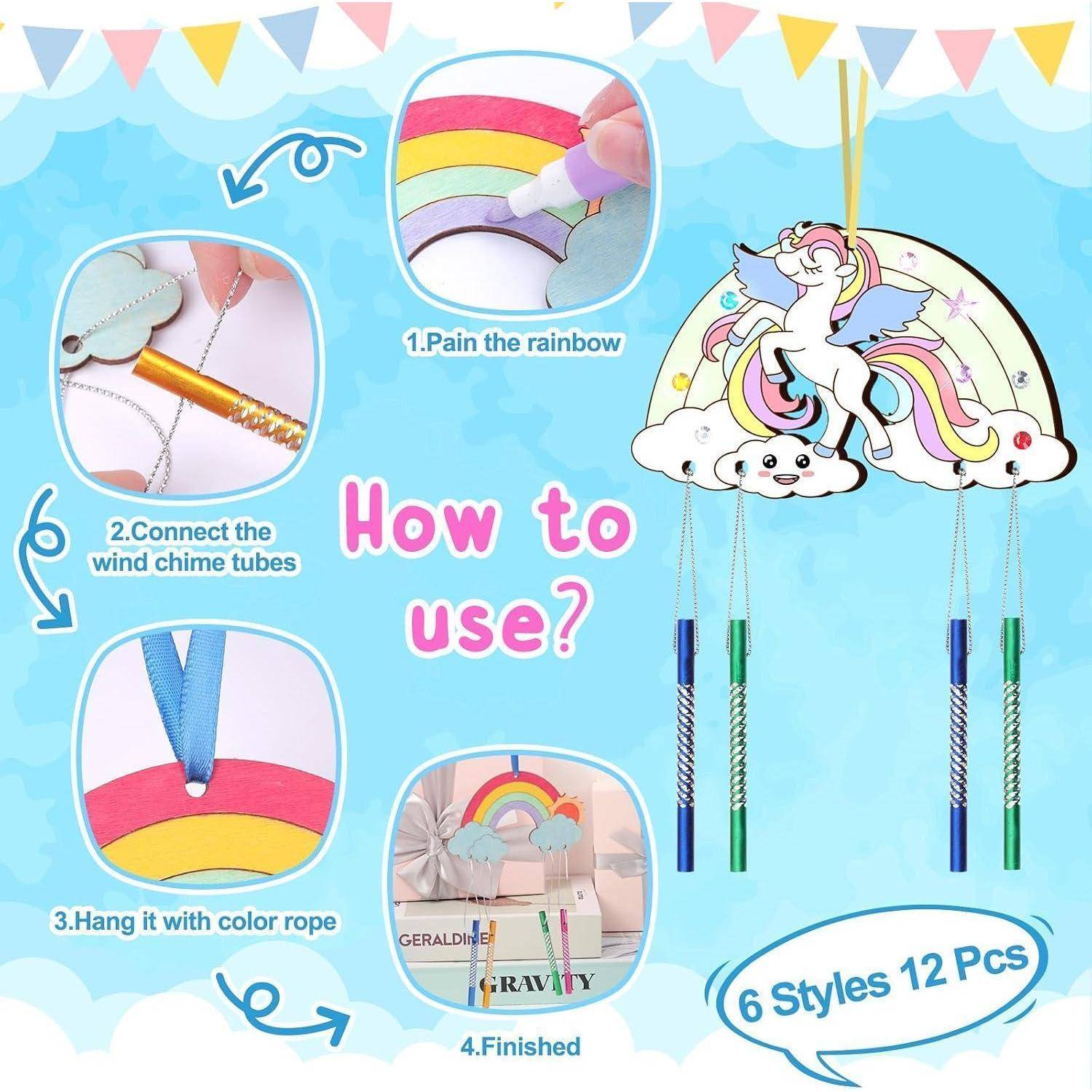 Nourdom 12 Stück Regenbogen Windspiel Bastelset Kinder Regenbogen Holz Klangspiel Basteln Bastelhandwerk zum Pferde Katzen Kreatives Bemalen Holz fü