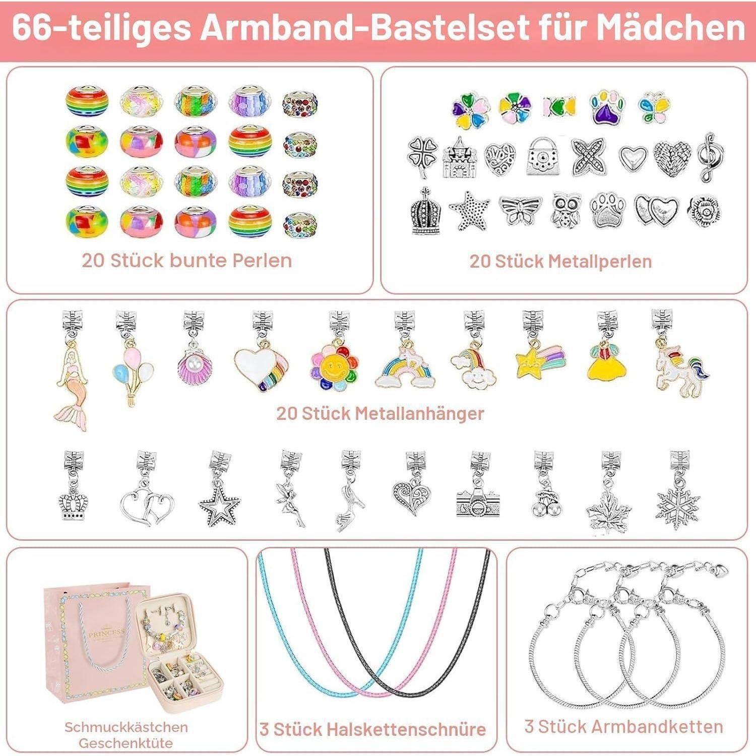 Promotionelles Layout für ein 66-teiliges Armband-Bastelset für Mädchen mit farbenfrohen Perlen, Metallperlen, 20 Metallanhängern, 3 Halskettenschnüren, 3 Armband-Ketten und einer Schmuckschatulle.