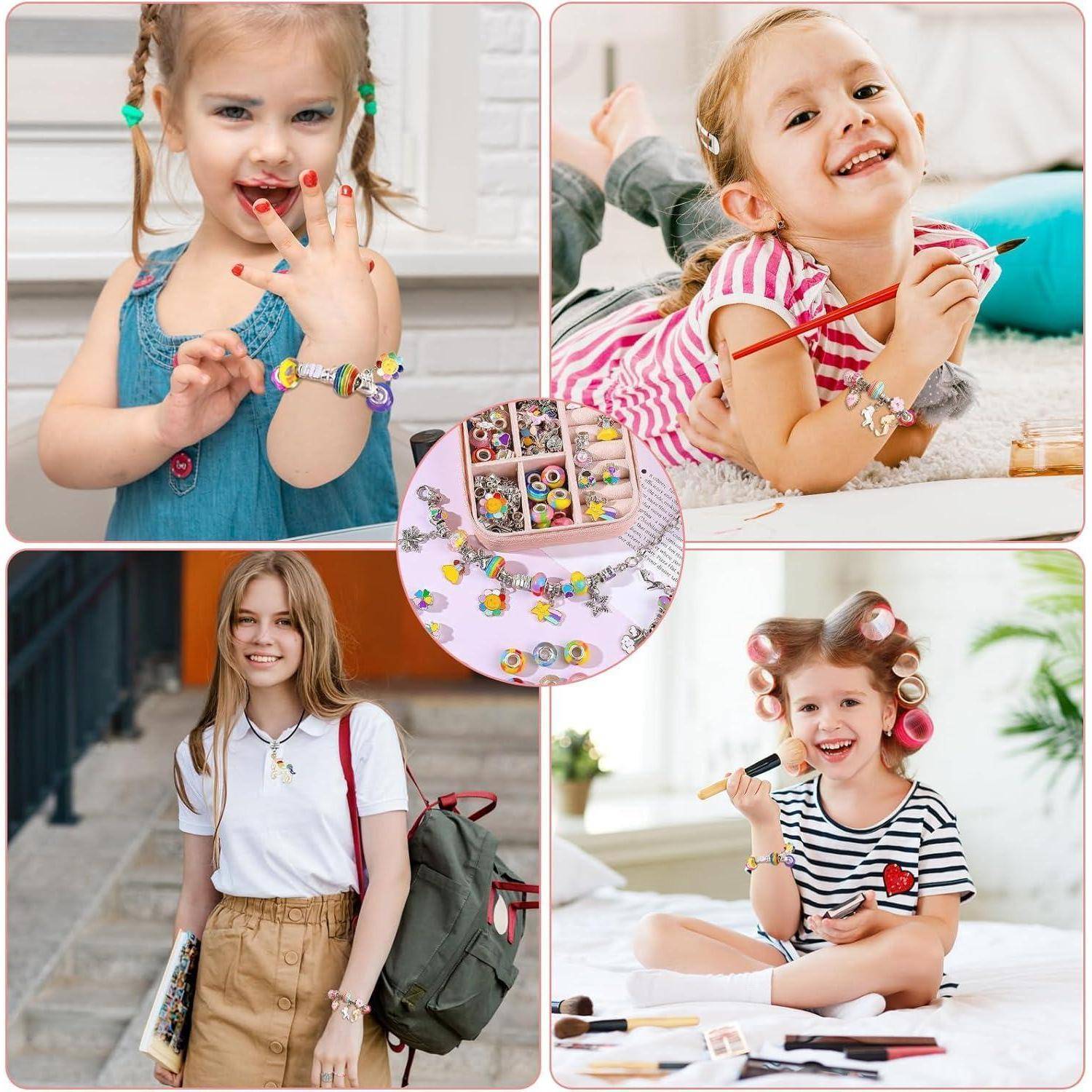 Collage von Mädchen, die bunte Perlenschmuck tragen und herstellen, mit einem zentralen Tablett mit Bastelmaterialien.