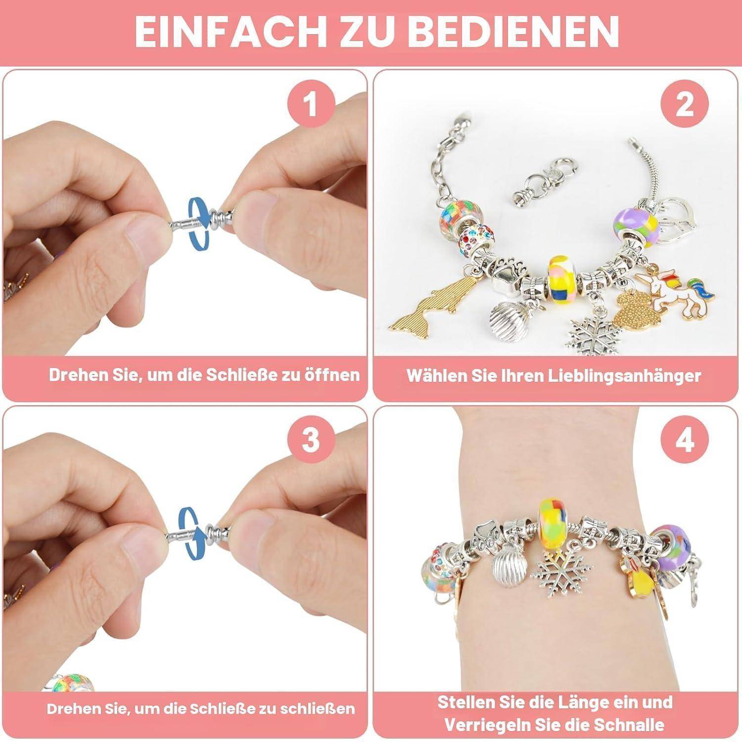 Vierschrittiger Armband-Leitfaden auf Deutsch: Verschluss öffnen, Charms auswählen, Verschluss schließen und Armbandlänge am Handgelenk anpassen.