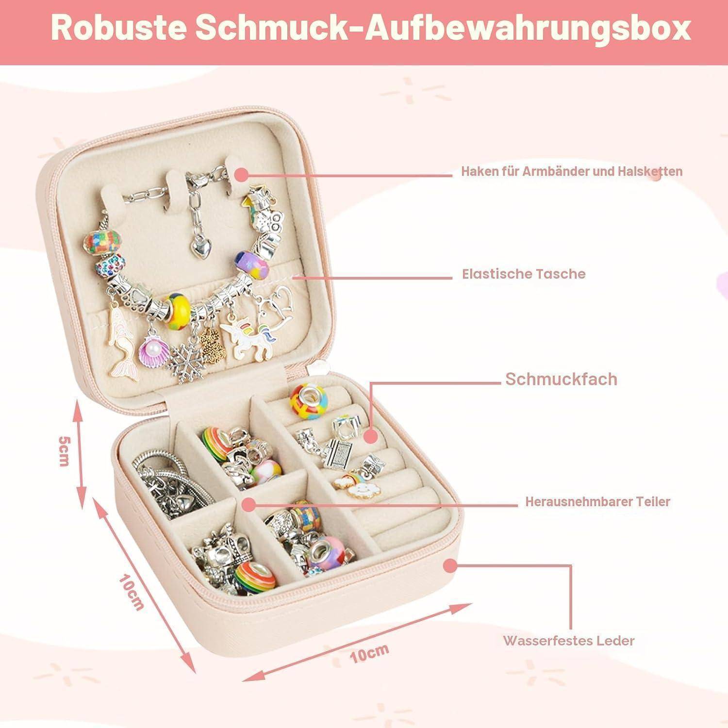 Gekennzeichnete Schmuckschatulle mit Fächern, Halskettenhaken, elastischer Tasche, abnehmbarem Tablett und wasserdichtem Lederäußeres.