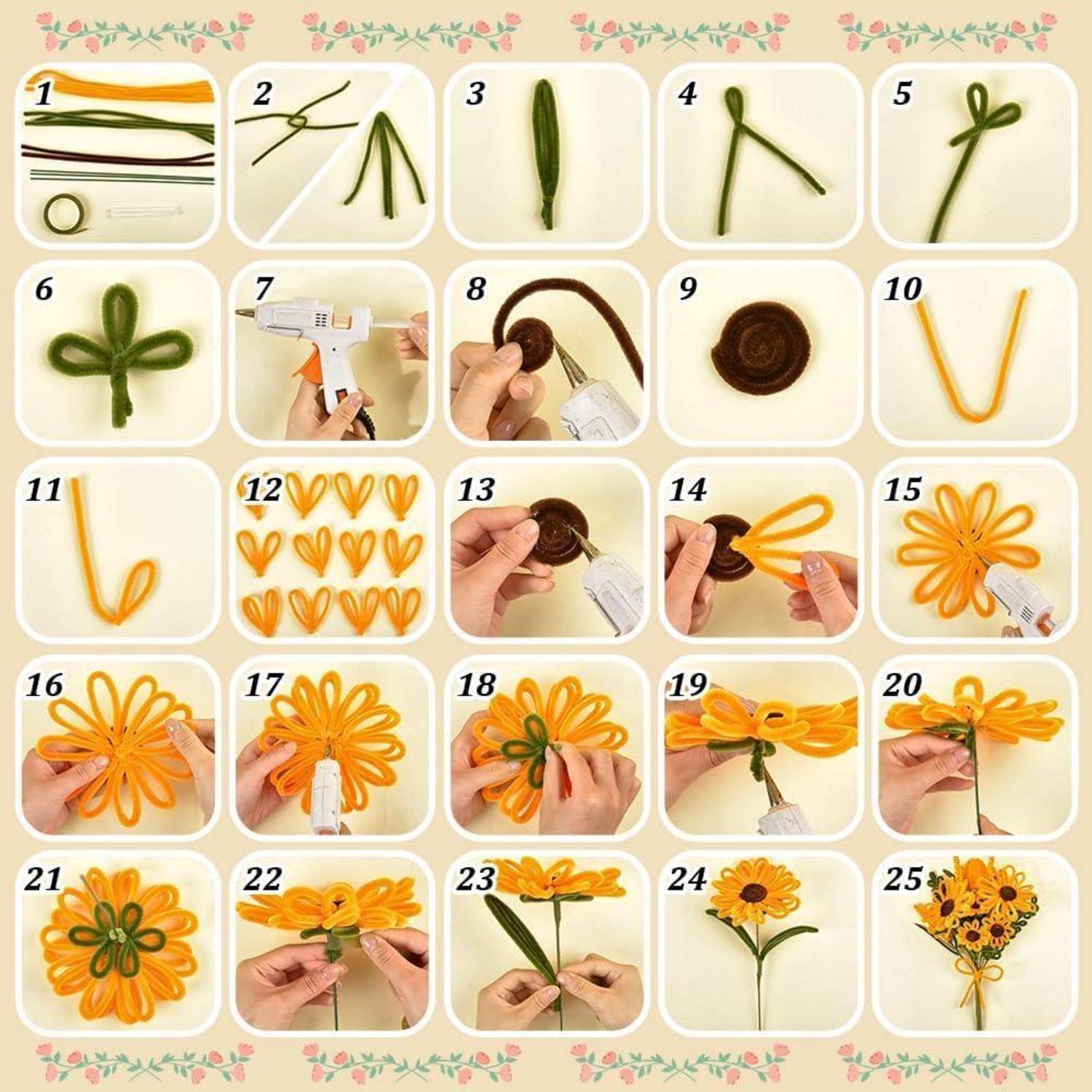 Peacoblue Pfeifenreiniger Bastelset, Sonnenblumen DIY Set | 300 Stück Chenilledrähte für DIY Blumen, Bastelzubehör für Heimdekoration, Geschenke,