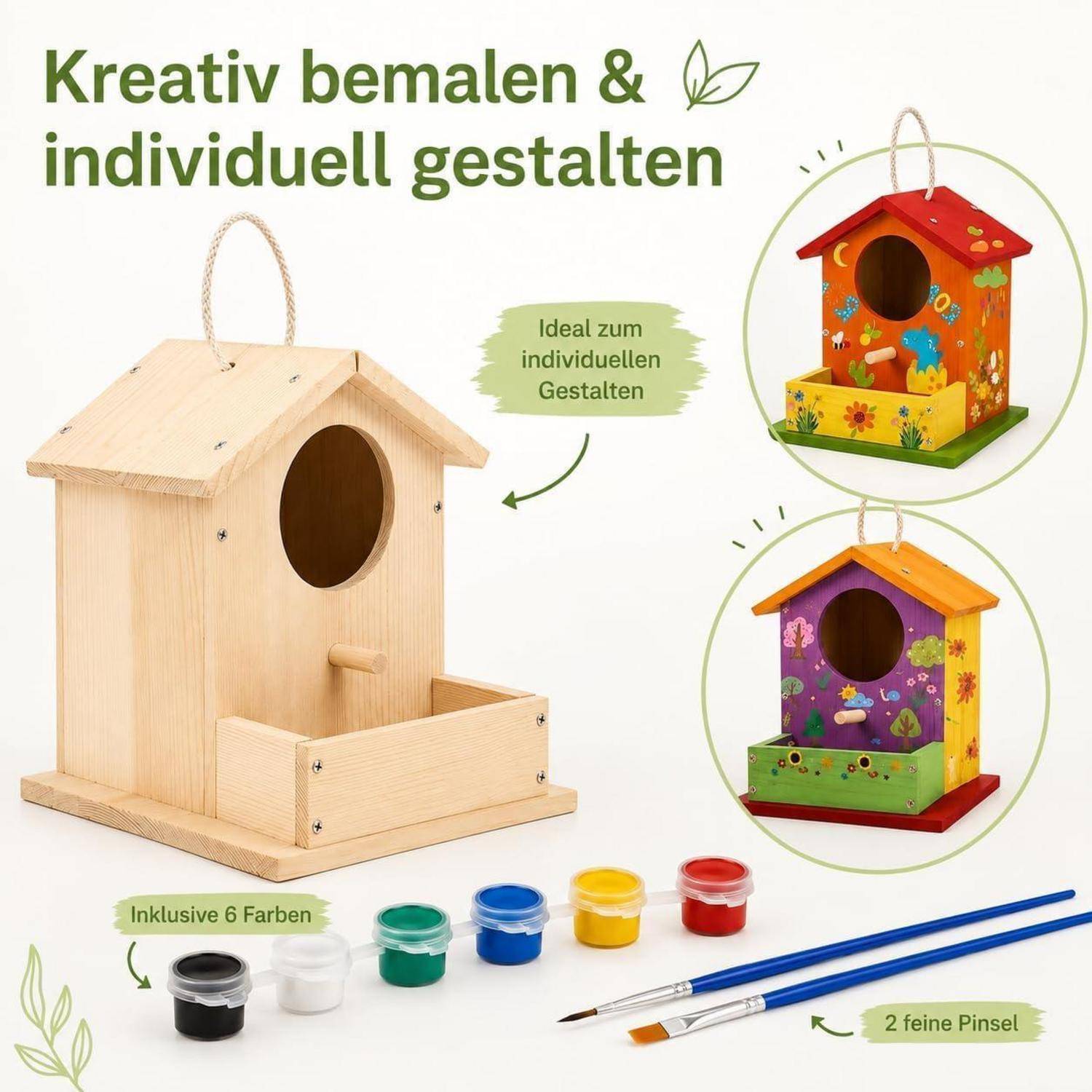 Unbemalt Vogelhaus-Bastelset aus Holz mit 6 Farben und 2 feinen Pinseln, gezeigt zusammen mit zwei farbenfrohen fertiggestellten Beispielen.