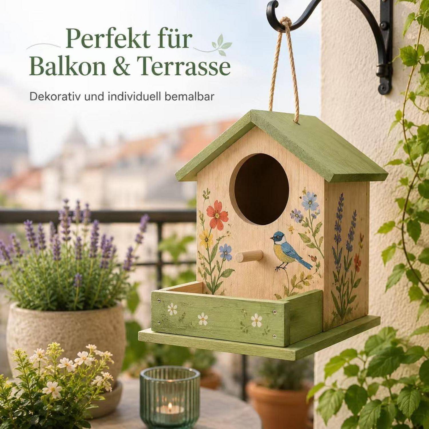 Ein dekoratives Holzvogelhaus hängt auf einem Balkon, bemalt mit Blumen und einem Vogel, mit deutschem Text, der lautet „Perfekt für Balkon & Terrasse