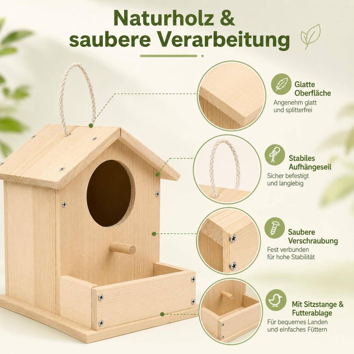 Illustriertes Vogelhaus aus Naturholz mit deutschen Beschriftungen, die glatte Oberfläche, robuste Seiltragschlaufe, saubere Schraubverbindungen und Sitzstange mit abnehmbarem Tablett hervorheben.