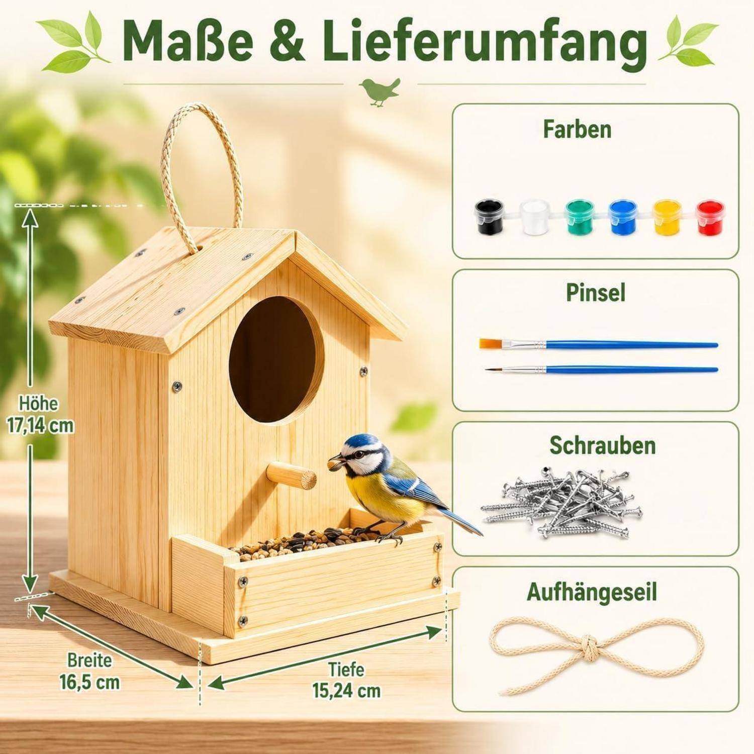 Illustration eines Holz-Vogelhaus-Bausatzes mit beschrifteten Abmessungen in Zentimetern: Höhe 17,14 cm, Breite 16,5 cm, Tiefe 15,24 cm, zuzüglich enthaltener Farben, Pinsel, Schrauben und Aufhängeseil.