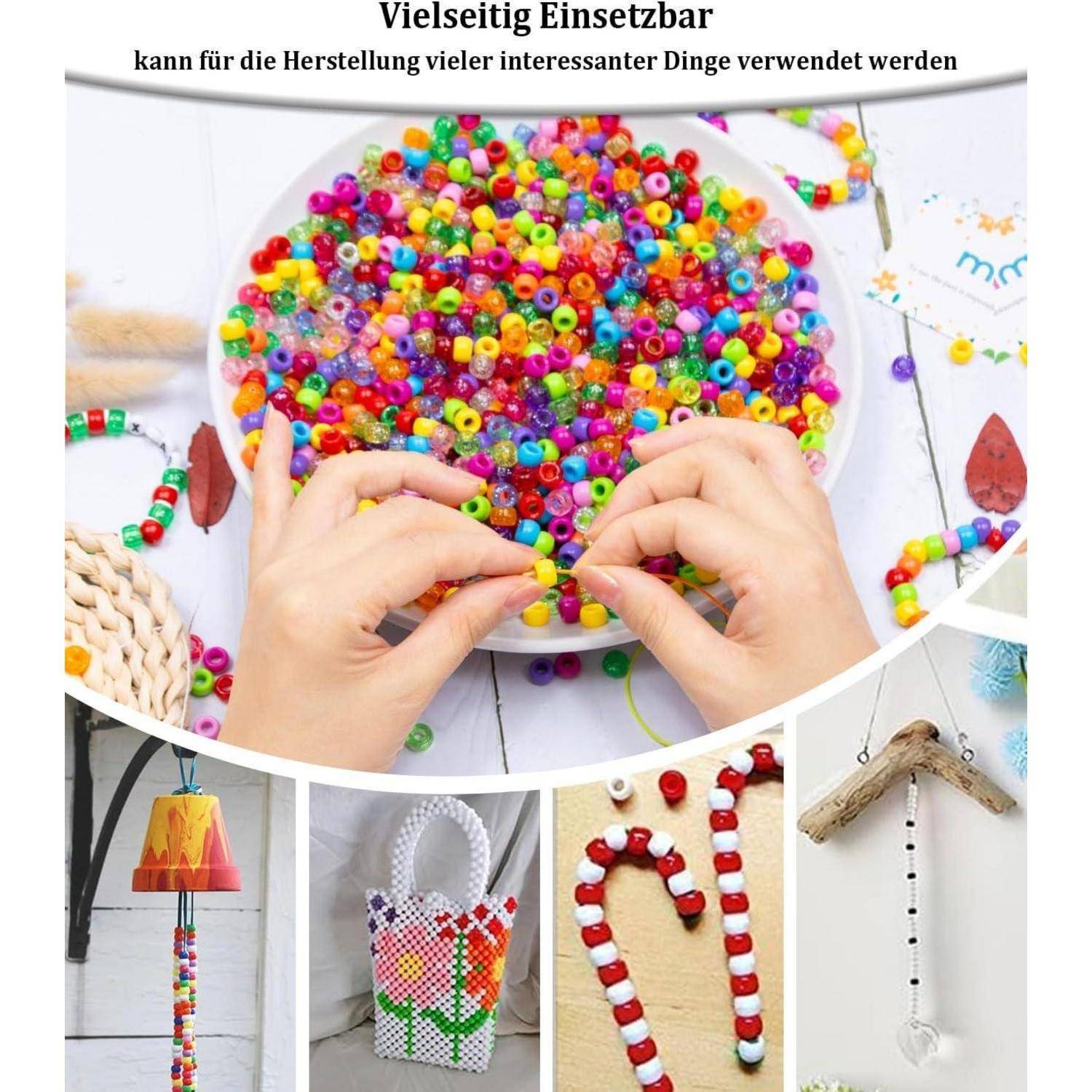 Collage mit farbenfrohen Perlen für das Kunsthandwerk, mit Händen, die Schmuck anfertigen, und Beispielen von fertigen Perlendekorationsartikeln.