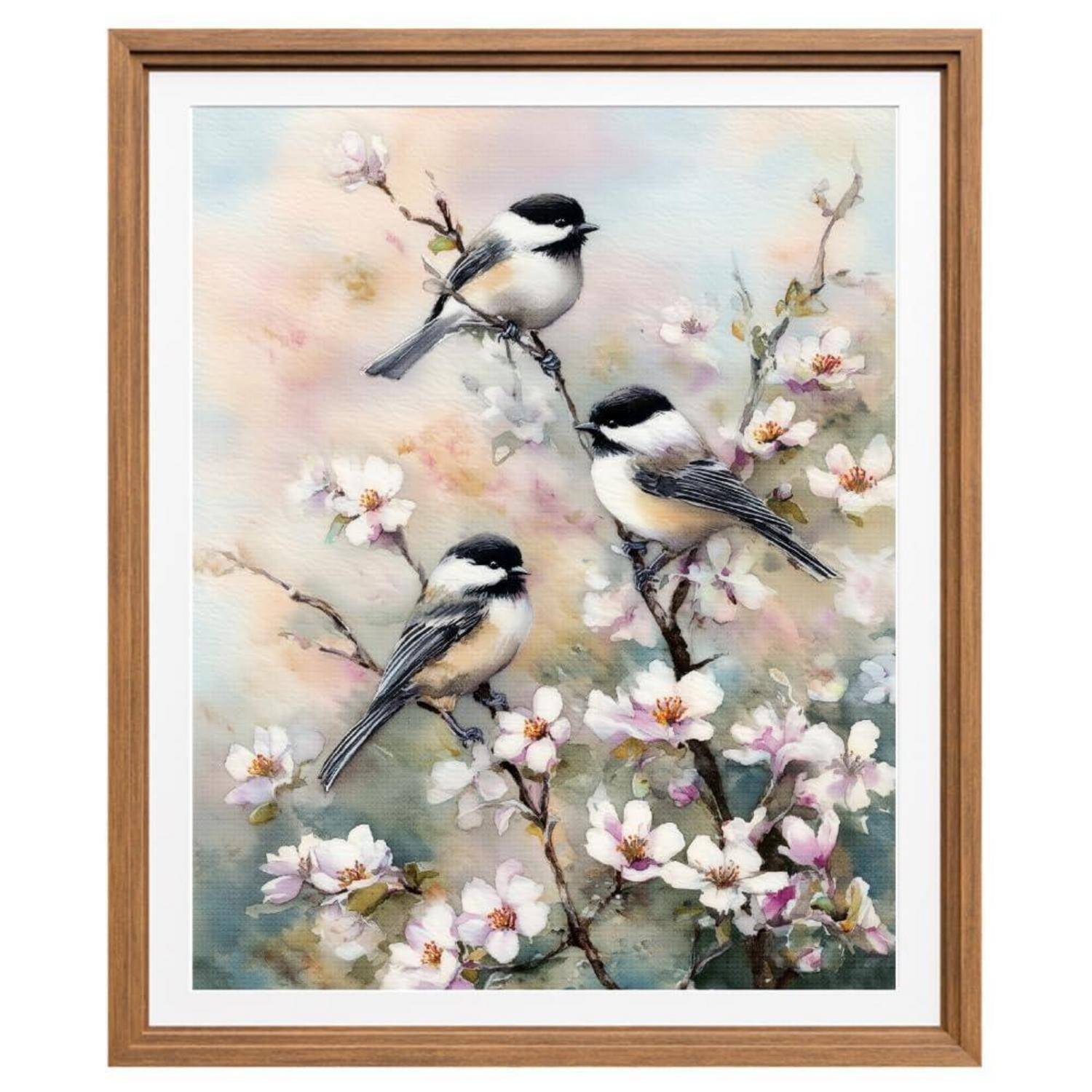 Druck im Aquarell-Stil in einem Rahmen mit drei Meisen, die auf blühenden Ästen mit weichen rosa und weißen Blüten sitzen.