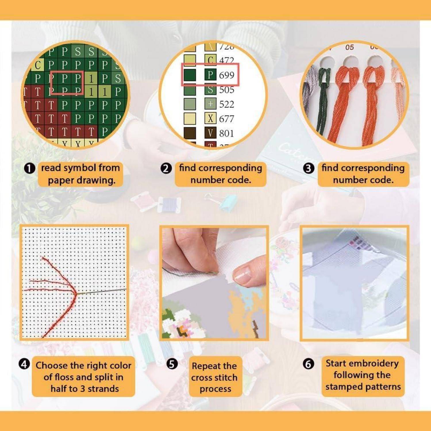 Schritt-für-Schritt-Stickerei-Anleitung: Lesen Sie das Chartsymbol, gleichen Sie seinen Zahlenschlüssel und die Fadenfarbe ab, teilen Sie das Garn in 3 Fäden auf, und sticken Sie dann das gestempelte Muster.