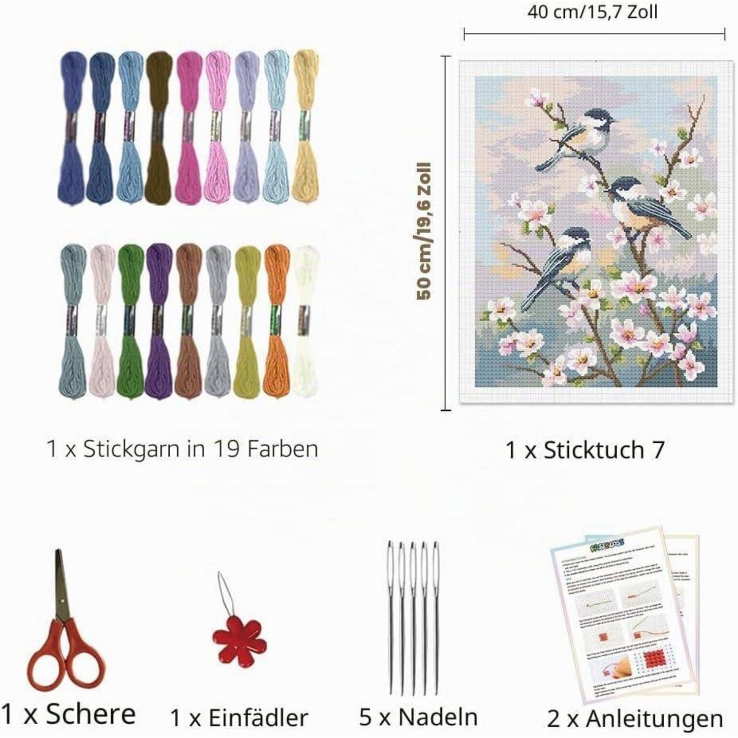 Inhalts des Stickerei-Sets: 19 Garnfarben, ein Kreuzstich-Muster mit Vogel- und Blumenmotiven, Schere, Einfädler, 5 Nadeln und 2 Anleitungsblätter.