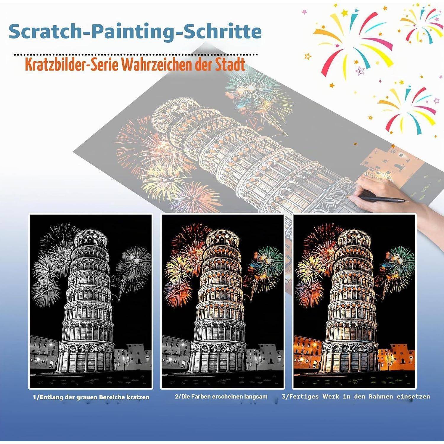Anleitung zum Kratzmalen des Schiefen Turms von Pisa mit Feuerwerk: Kratzen Sie die grauen Bereiche ab, um Farben freizulegen, rahmen Sie dann das fertige Bild ein.