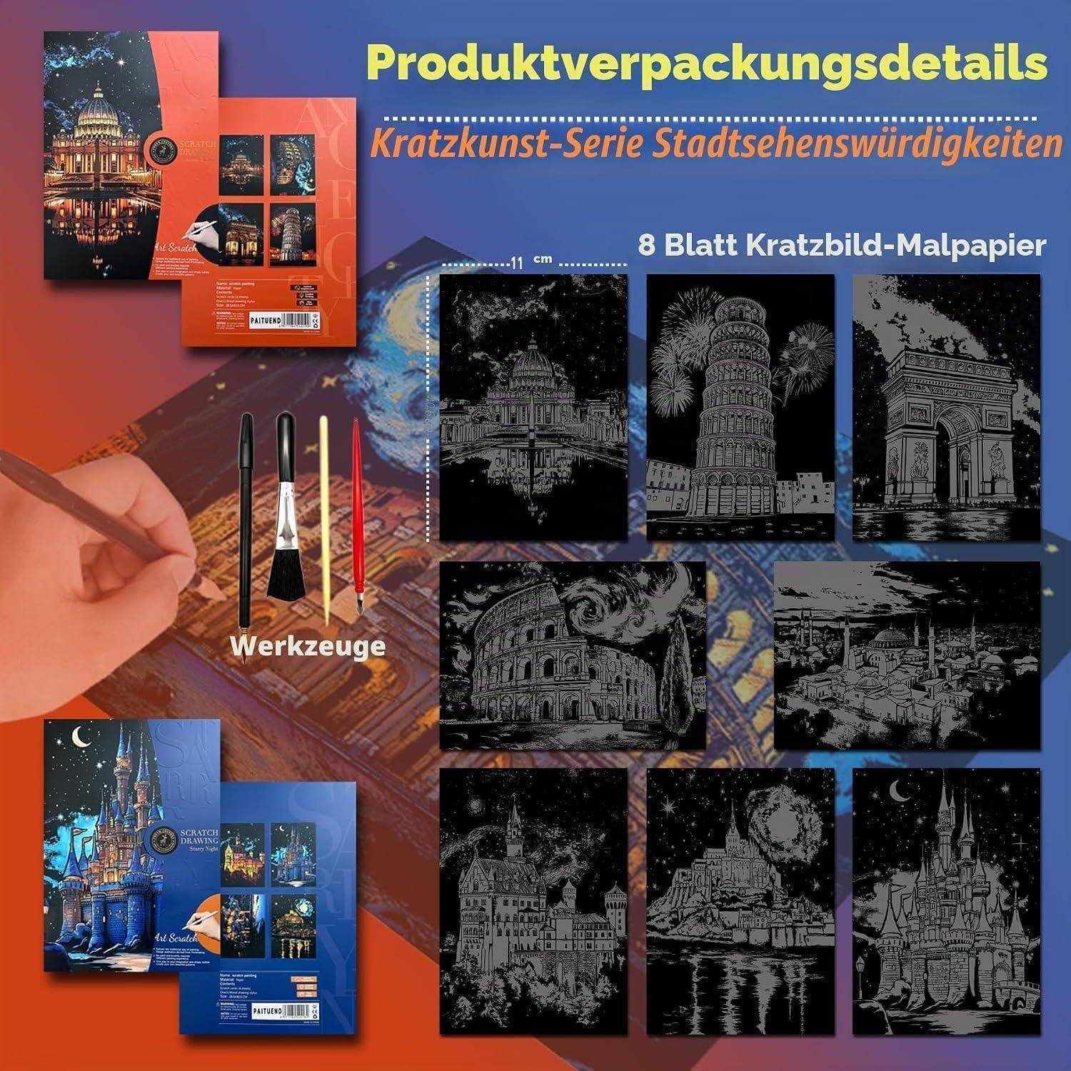 Produktpaketdetails für ein Kratzbild-Kunstset mit Stadtdenkmälern, das 8 Kratzblätter, Werkzeuge und Beispiele von schwarz-silbernen Kratzillustrationen berühmter Gebäude zeigt.